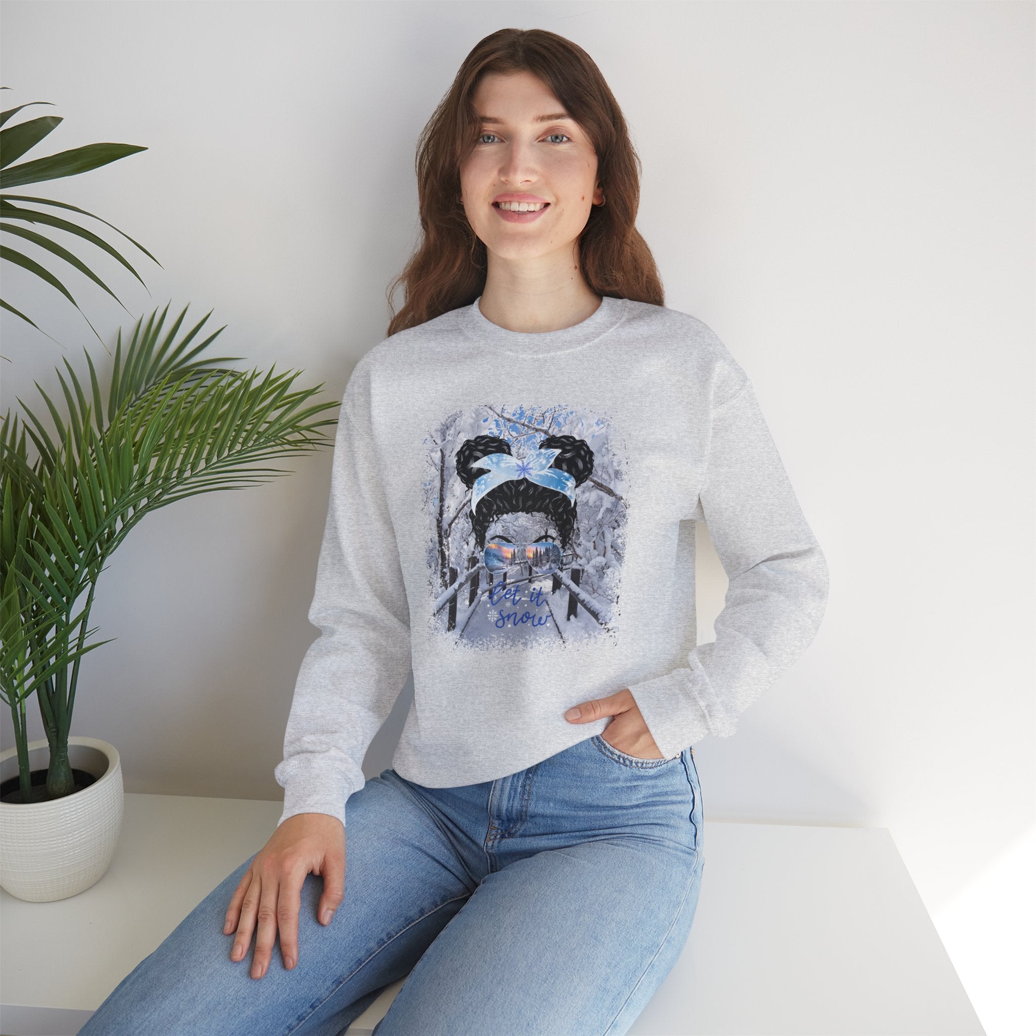 Let it Snow, Winter Hike, Black Hair Messy Bun, Unisex Heavy Blend™ Crewneck Sweatshirt