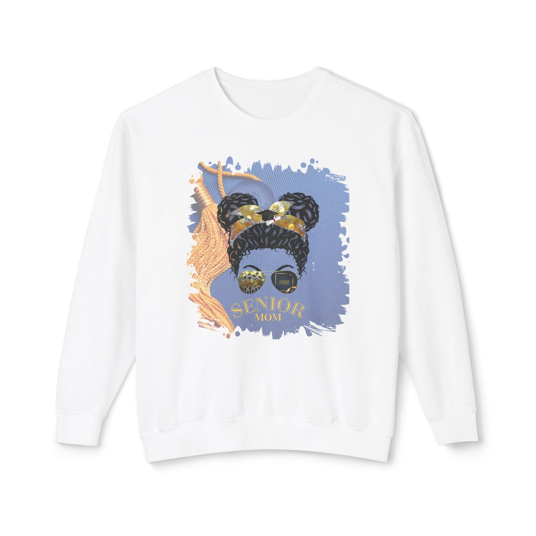 Senior Mom, Graduation Cap, Black Hair Messy Bun, Unisex Lightweight Crewneck Sweatshirt