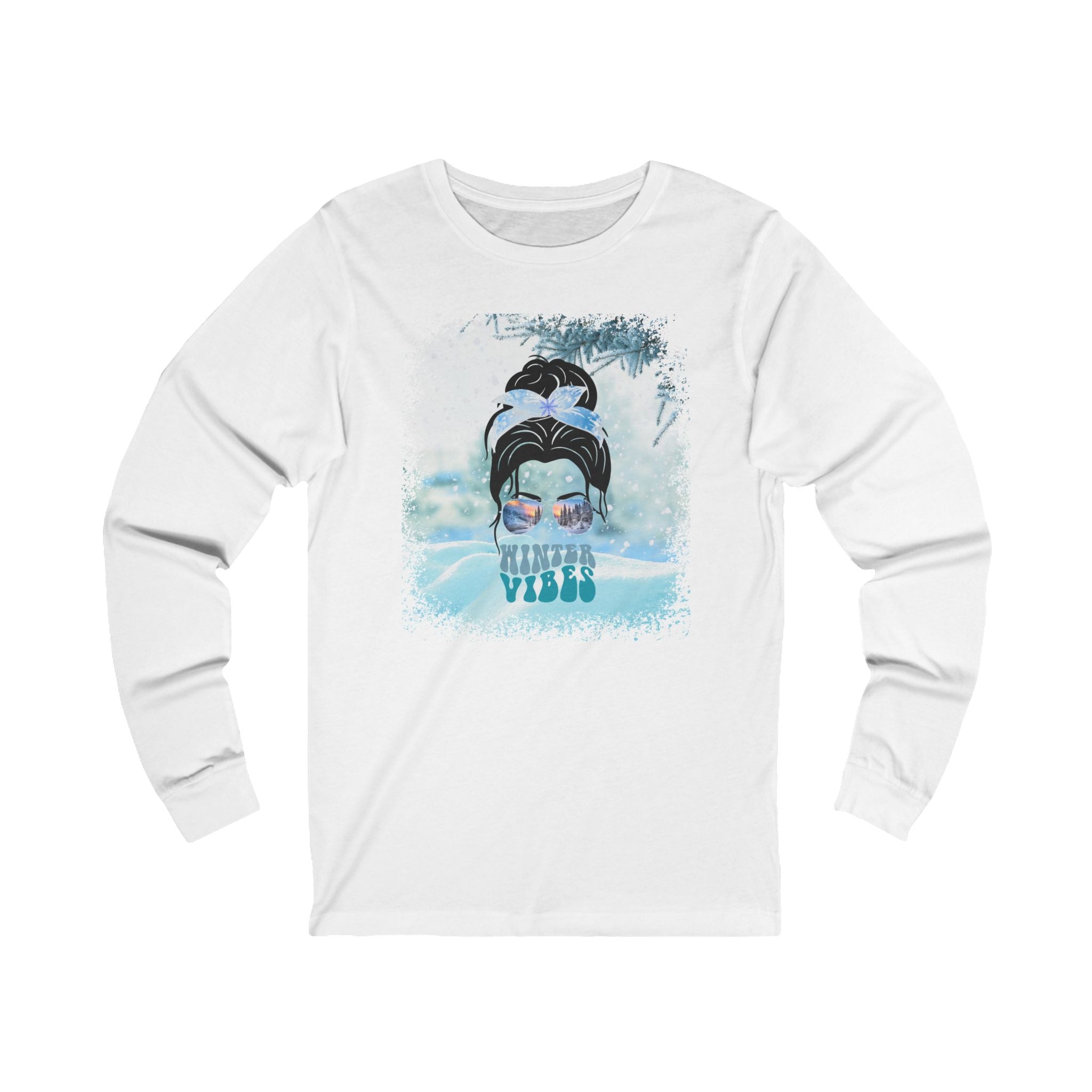 Winter Vibes Snow, Dark Hair Messy Bun, Unisex Jersey Long Sleeve Tee