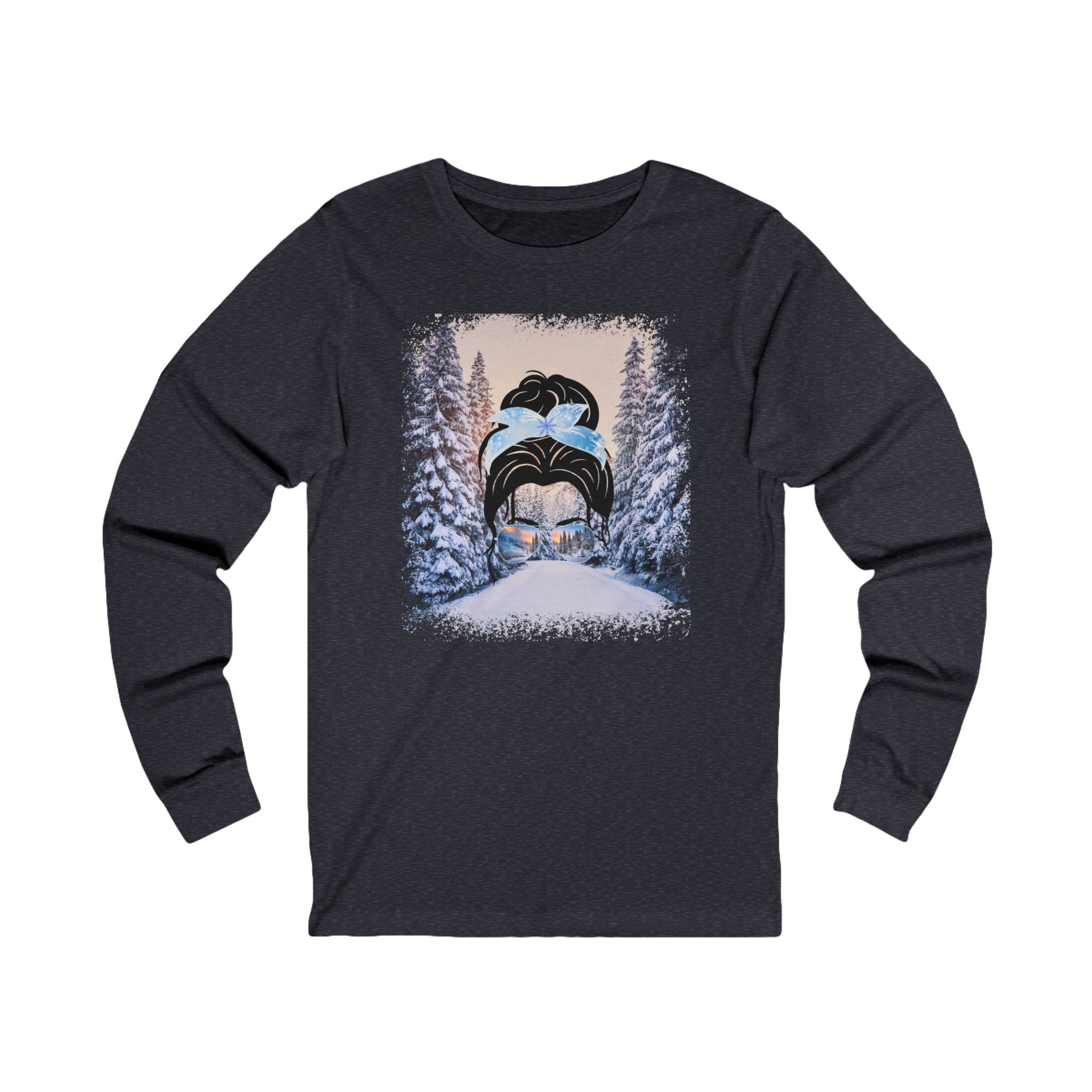 Winter Trail, Dark Hair Messy Bun, Unisex Jersey Long Sleeve Tee