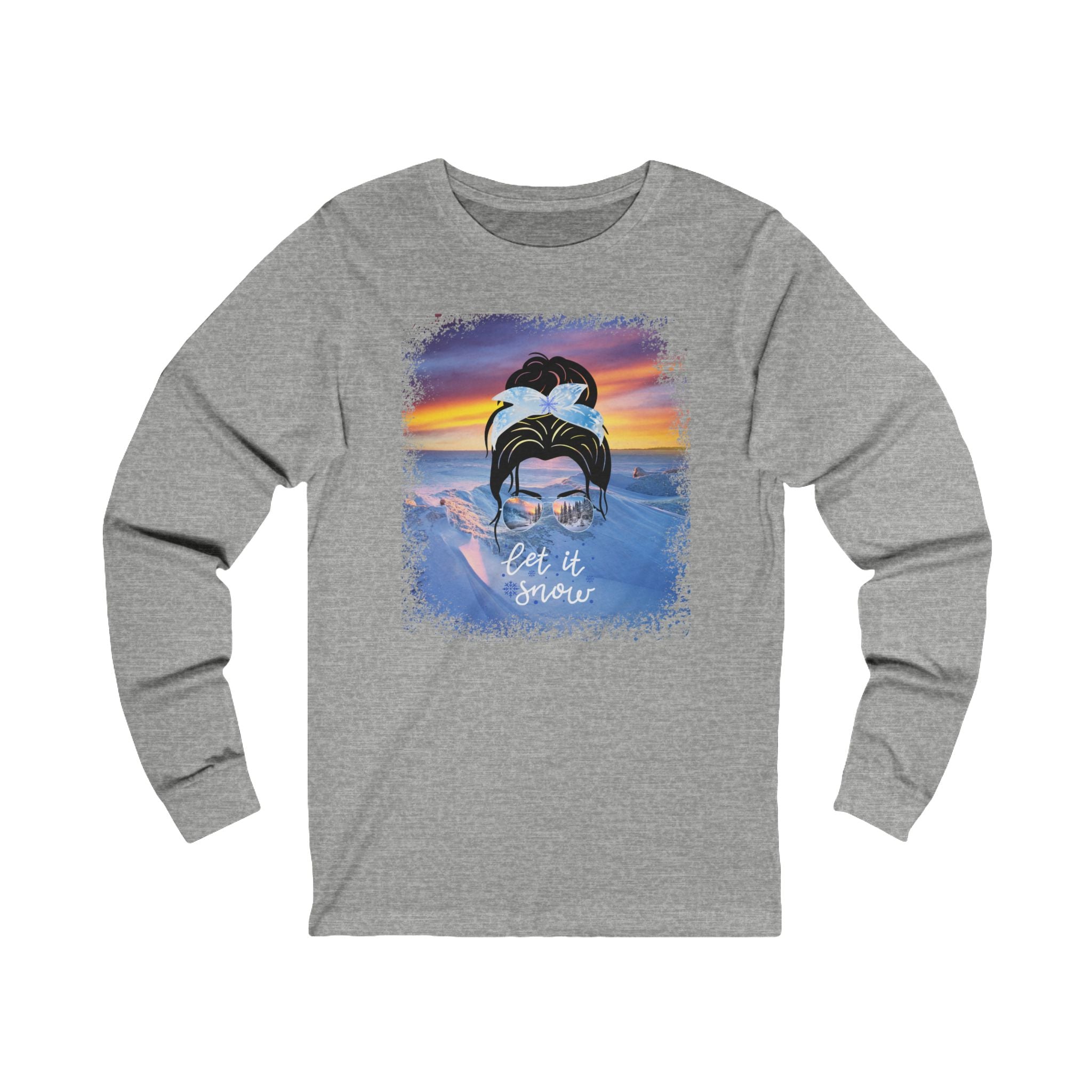 Let it Snow Winter Mountain, Dark Hair Messy Bun, Unisex Jersey Long Sleeve Tee