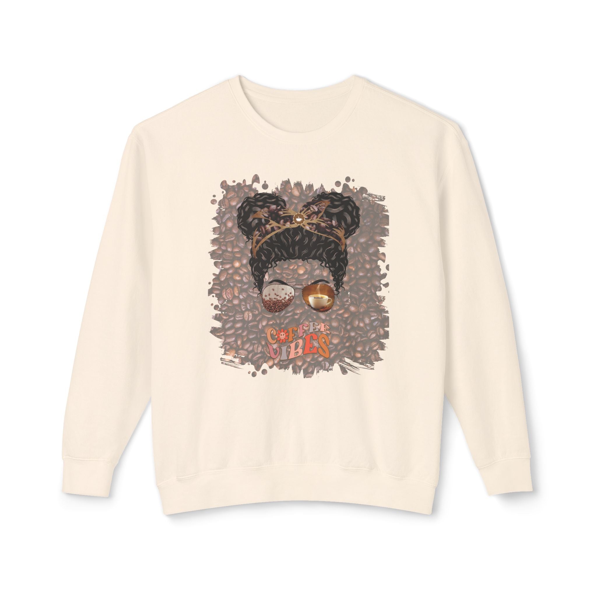 Coffee Vibes, Coffee Beans, Black Hair Messy Bun, Unisex Lightweight Crewneck Sweatshirt