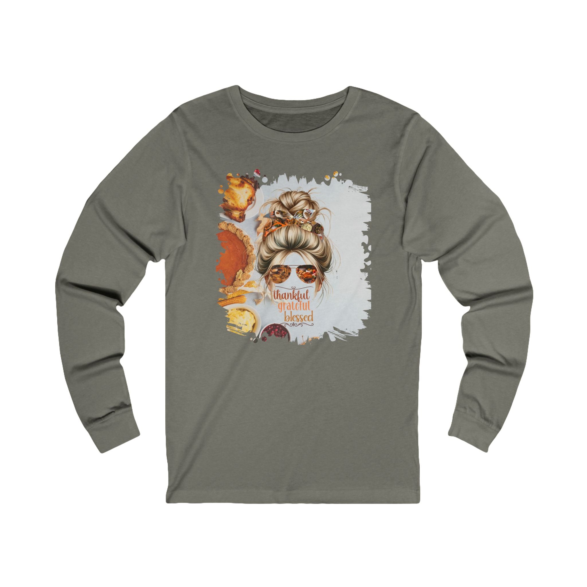 Thankful Grateful Blessed Thanksgiving Pie, Blond Hair Messy Bun, Unisex Jersey Long Sleeve Tee