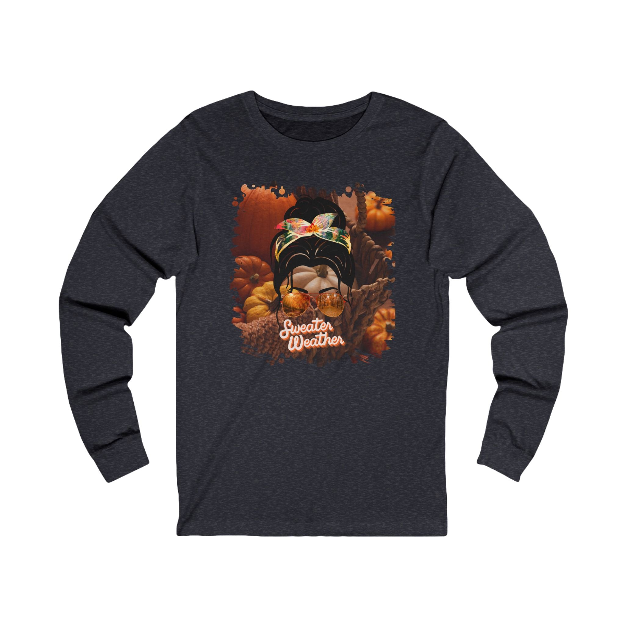 Sweater Weather Fall Pumpkins, Dark Hair Messy Bun, Unisex Jersey Long Sleeve Tee