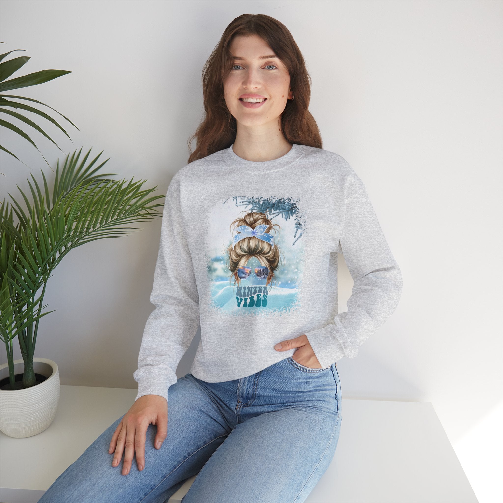 Winter Vibes Snow, Blond Hair Messy Bun, Unisex Heavy Blend™ Crewneck Sweatshirt