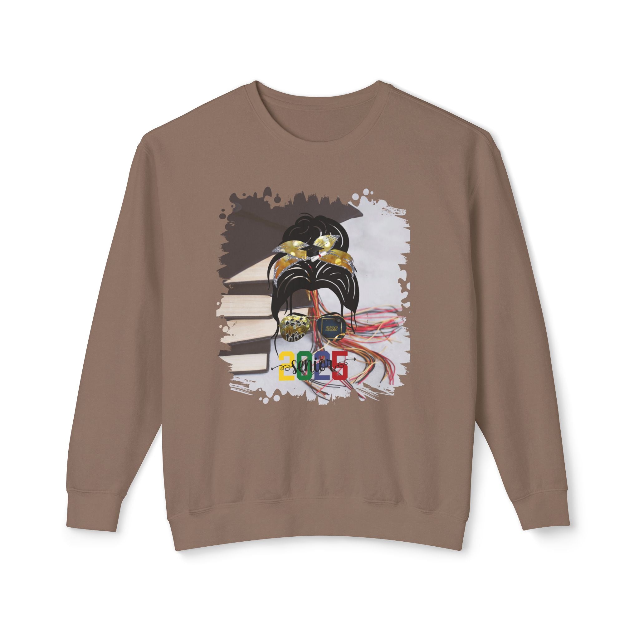 Senior 2025 Colorful, Cap & Books, Dark Hair Messy Bun, Unisex Lightweight Crewneck Sweatshirt
