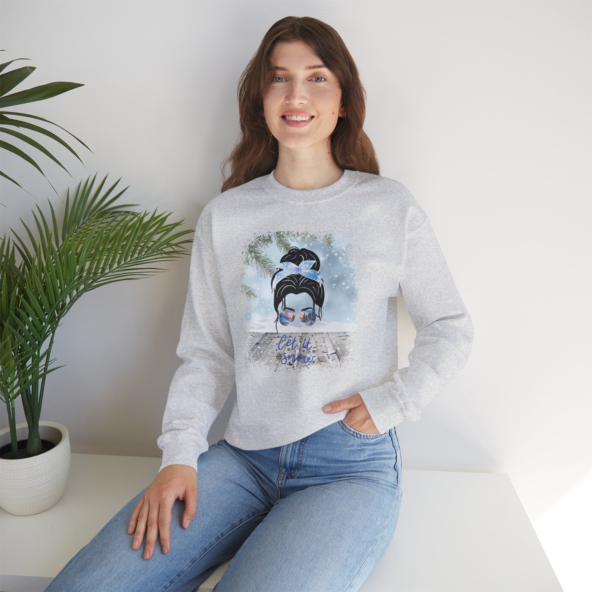 Let it Snow, Snowy Porch, Dark Hair Messy Bun, Unisex Heavy Blend™ Crewneck Sweatshirt