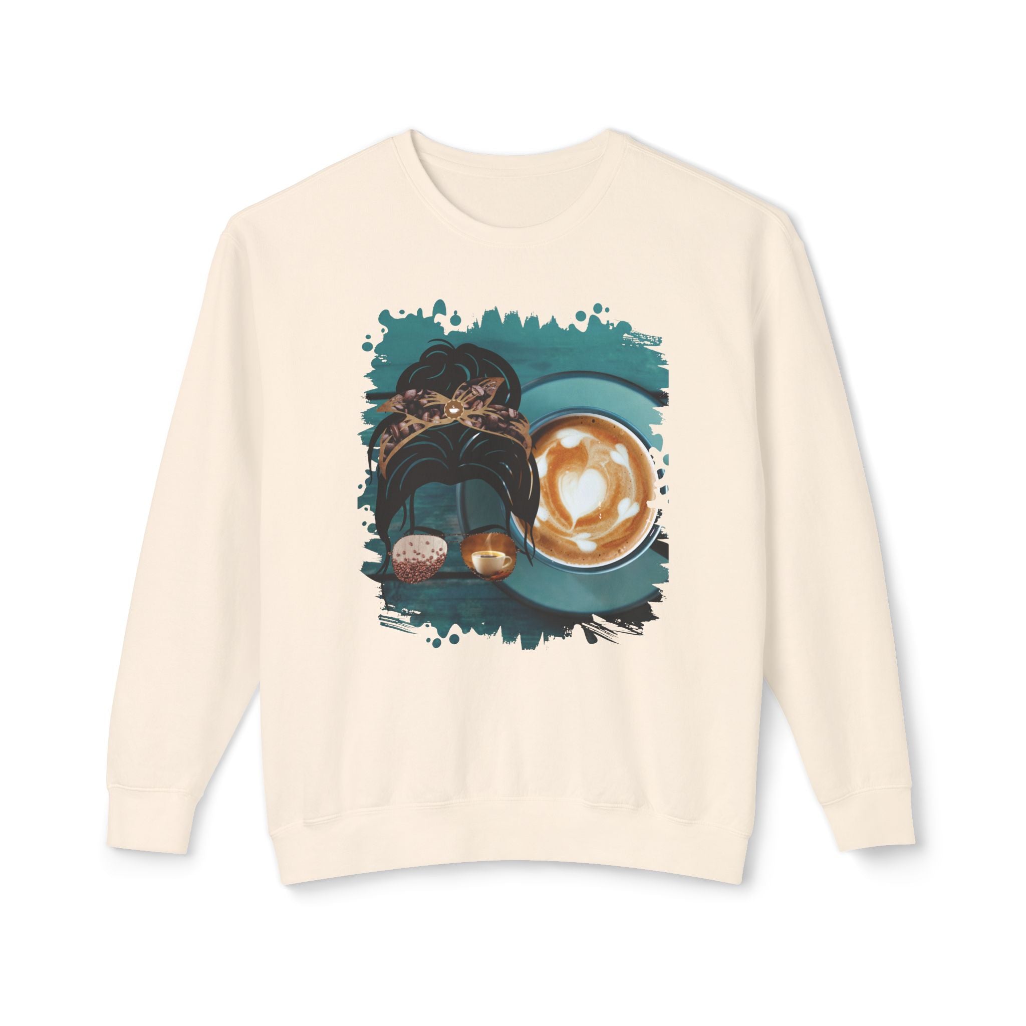 Coffee Cup, Dark Hair Messy Bun, Unisex Lightweight Crewneck Sweatshirt