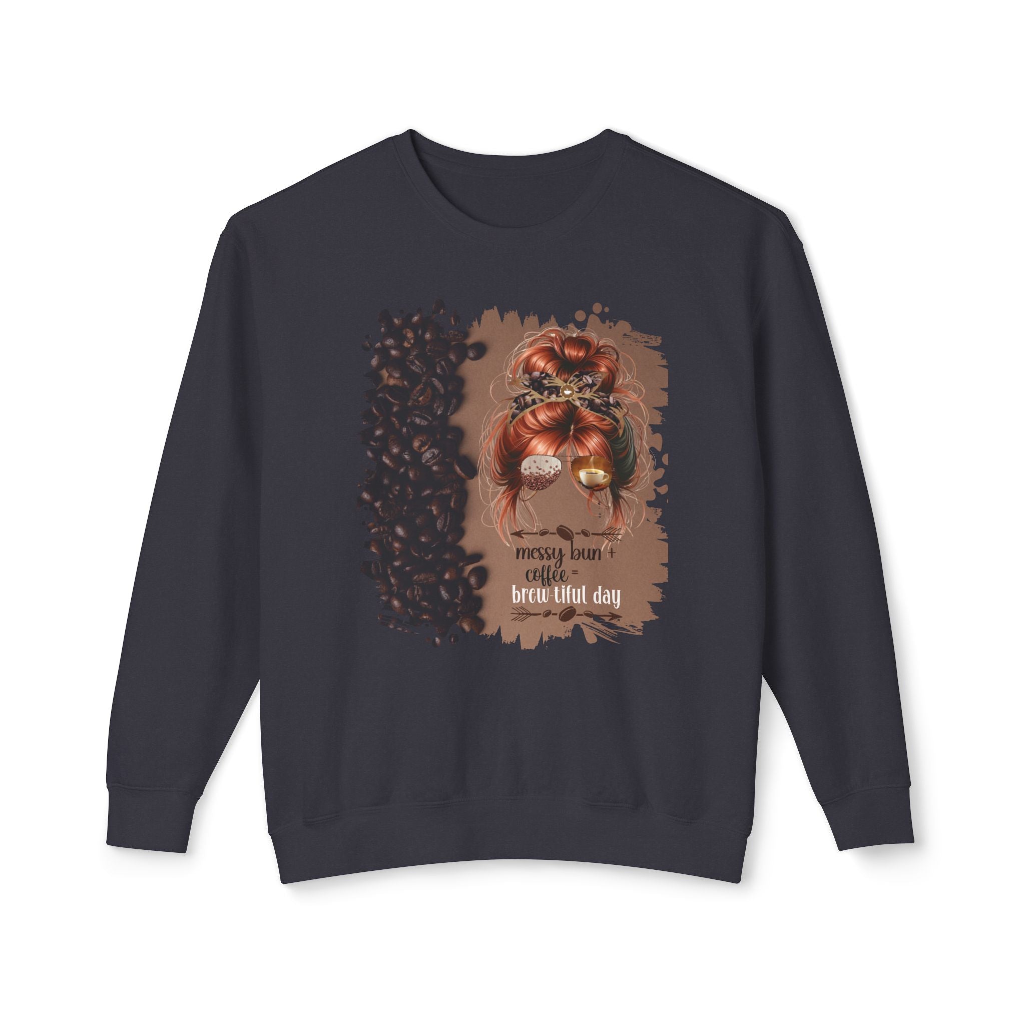 Messy Bun plus Coffee, Coffee Beans Shade, Red Hair Messy Bun, Unisex Lightweight Crewneck Sweatshirt