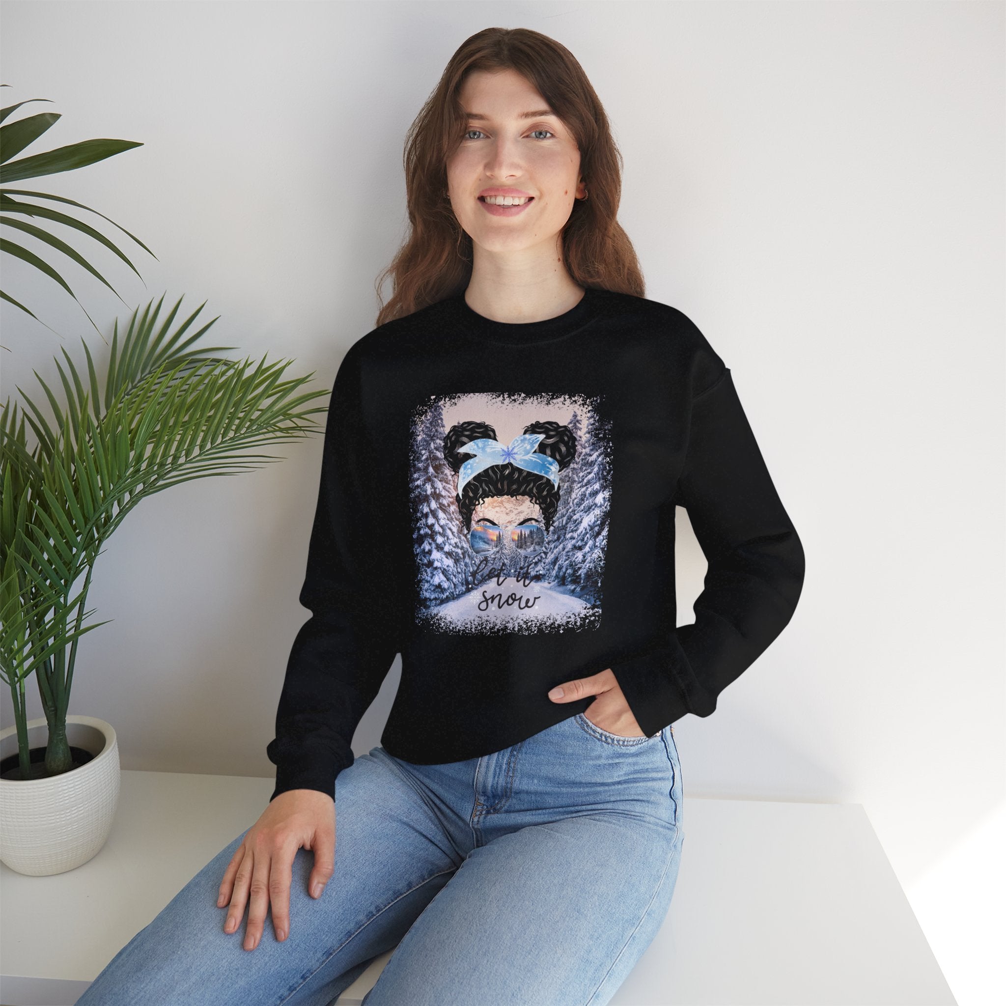 Let it Snow Winter Trail, Black Hair Messy Bun, Unisex Heavy Blend™ Crewneck Sweatshirt