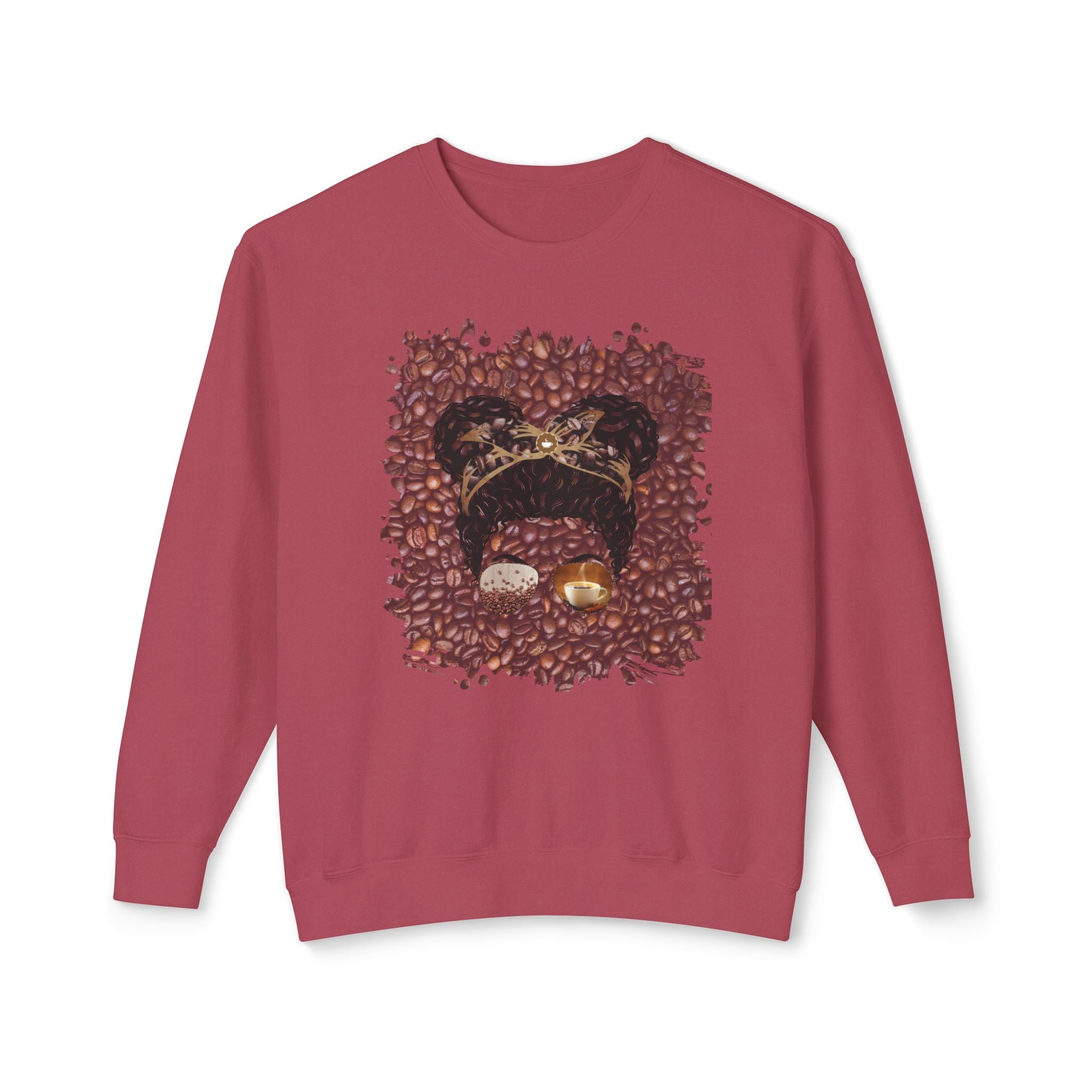 Coffee Beans, Black Hair Messy Bun, Unisex Lightweight Crewneck Sweatshirt