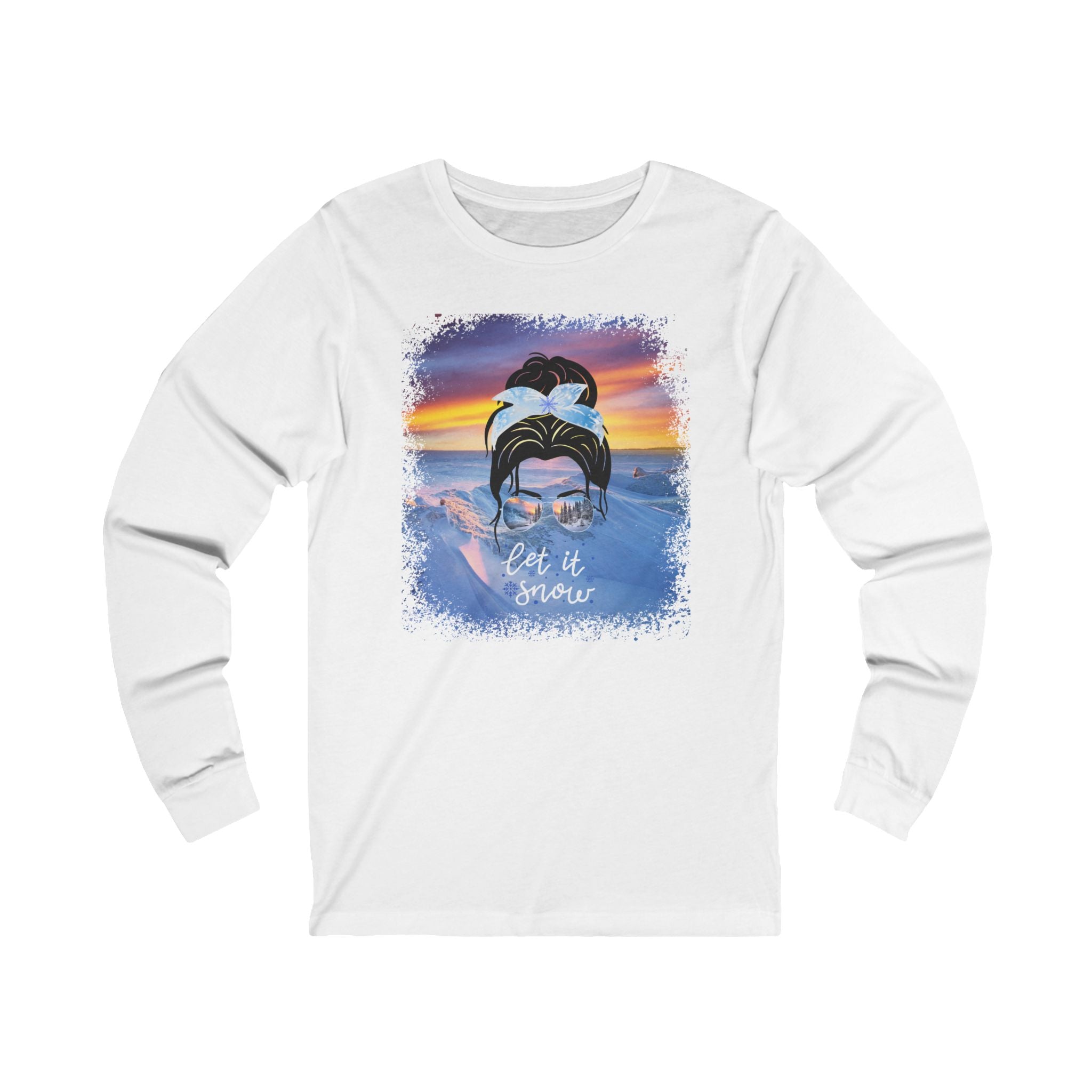 Let it Snow Winter Mountain, Dark Hair Messy Bun, Unisex Jersey Long Sleeve Tee