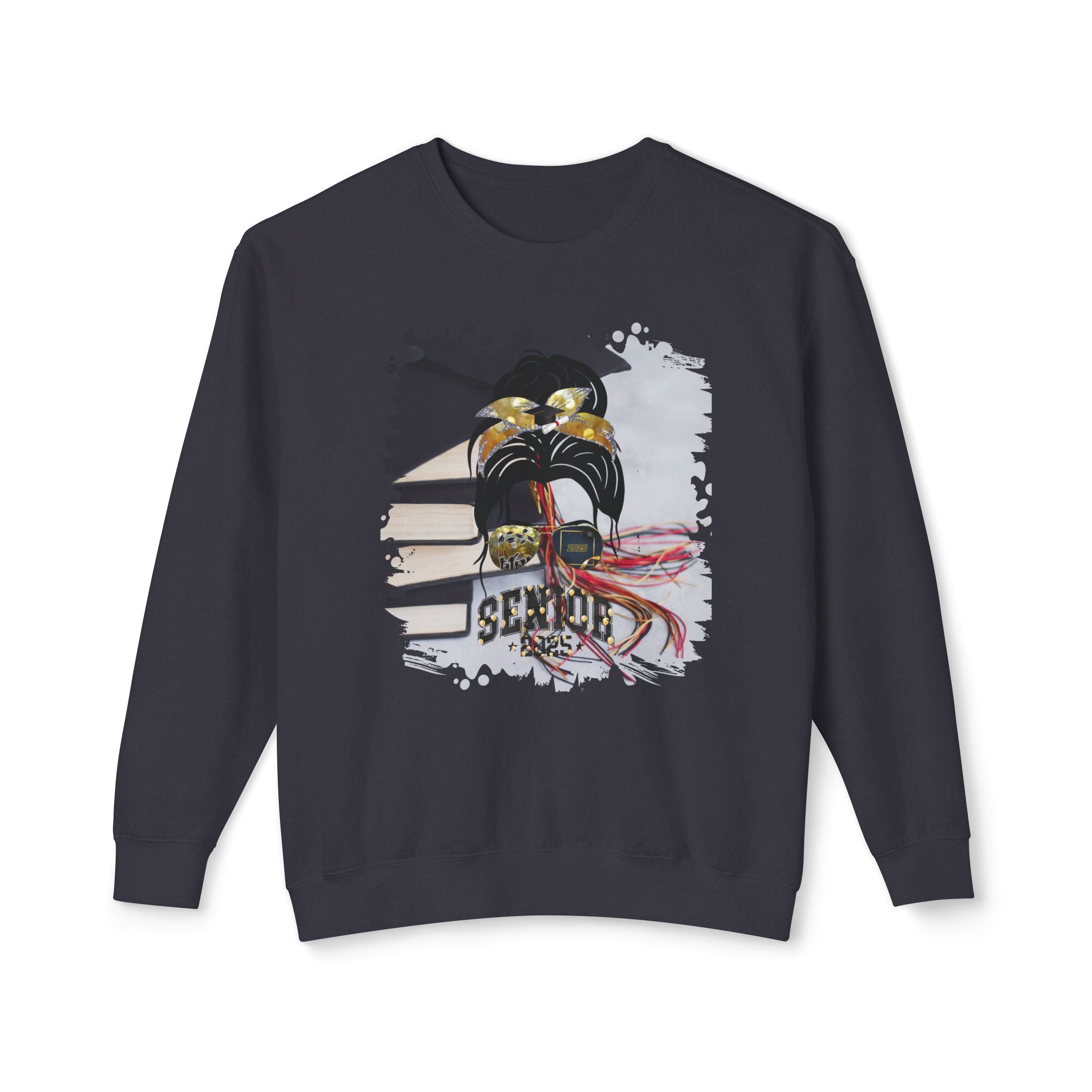 Senior 2025 Balloons, Cap & Books, Dark Hair Messy Bun, Unisex Lightweight Crewneck Sweatshirt