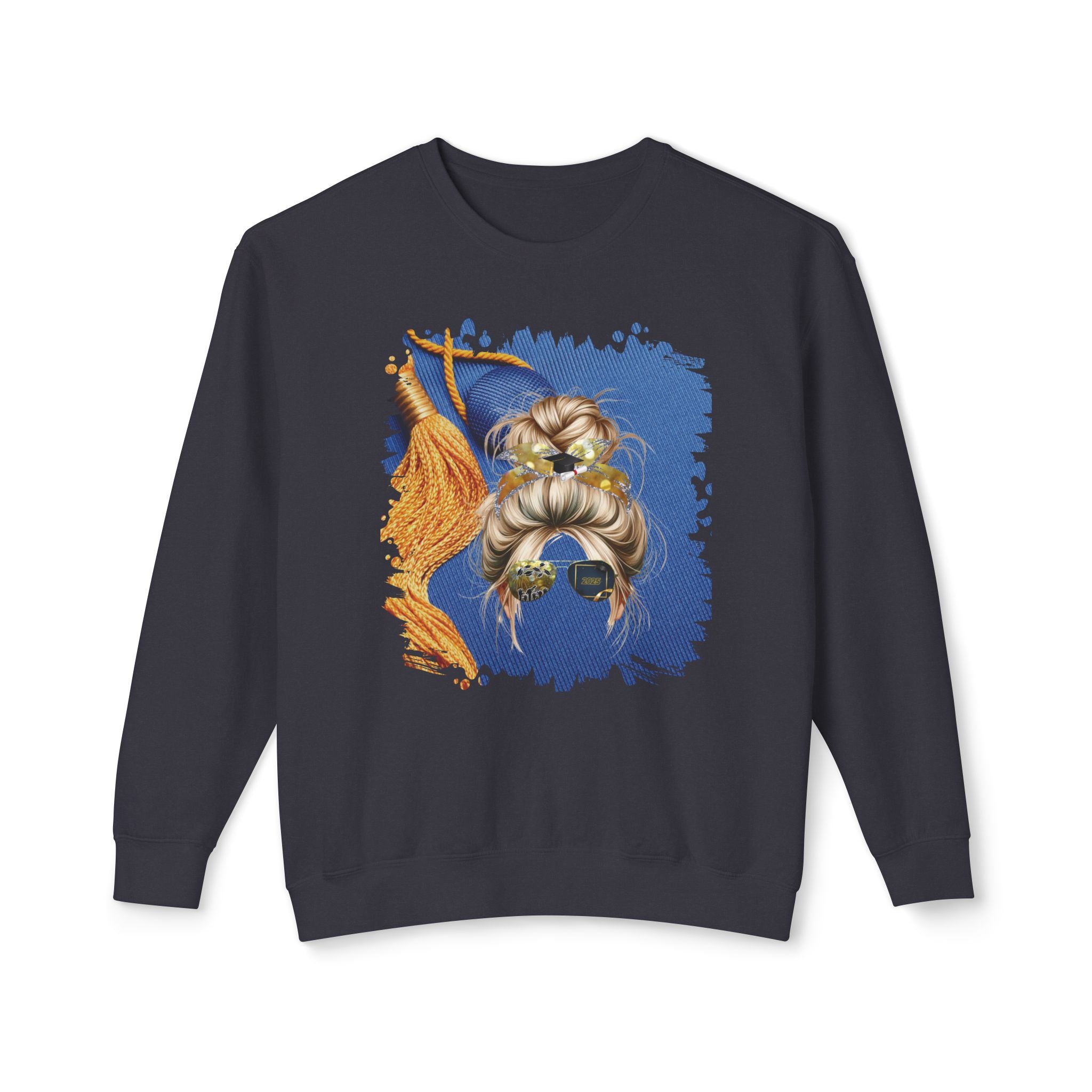 Graduation Cap, Blond Hair Messy Bun, Unisex Lightweight Crewneck Sweatshirt