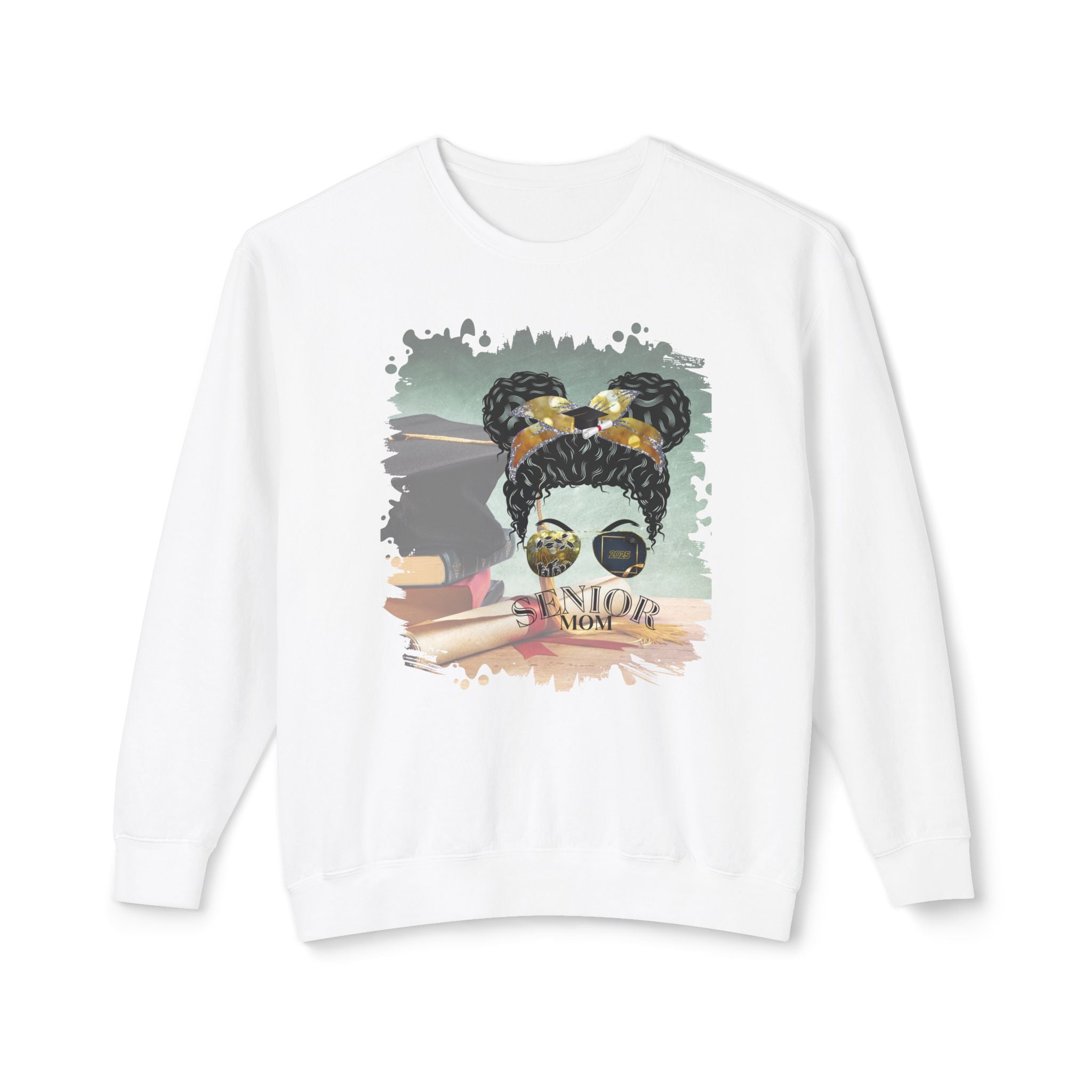 Senior Mom, Cap & Degree/Diploma, Black Hair Messy Bun, Unisex Lightweight Crewneck Sweatshirt