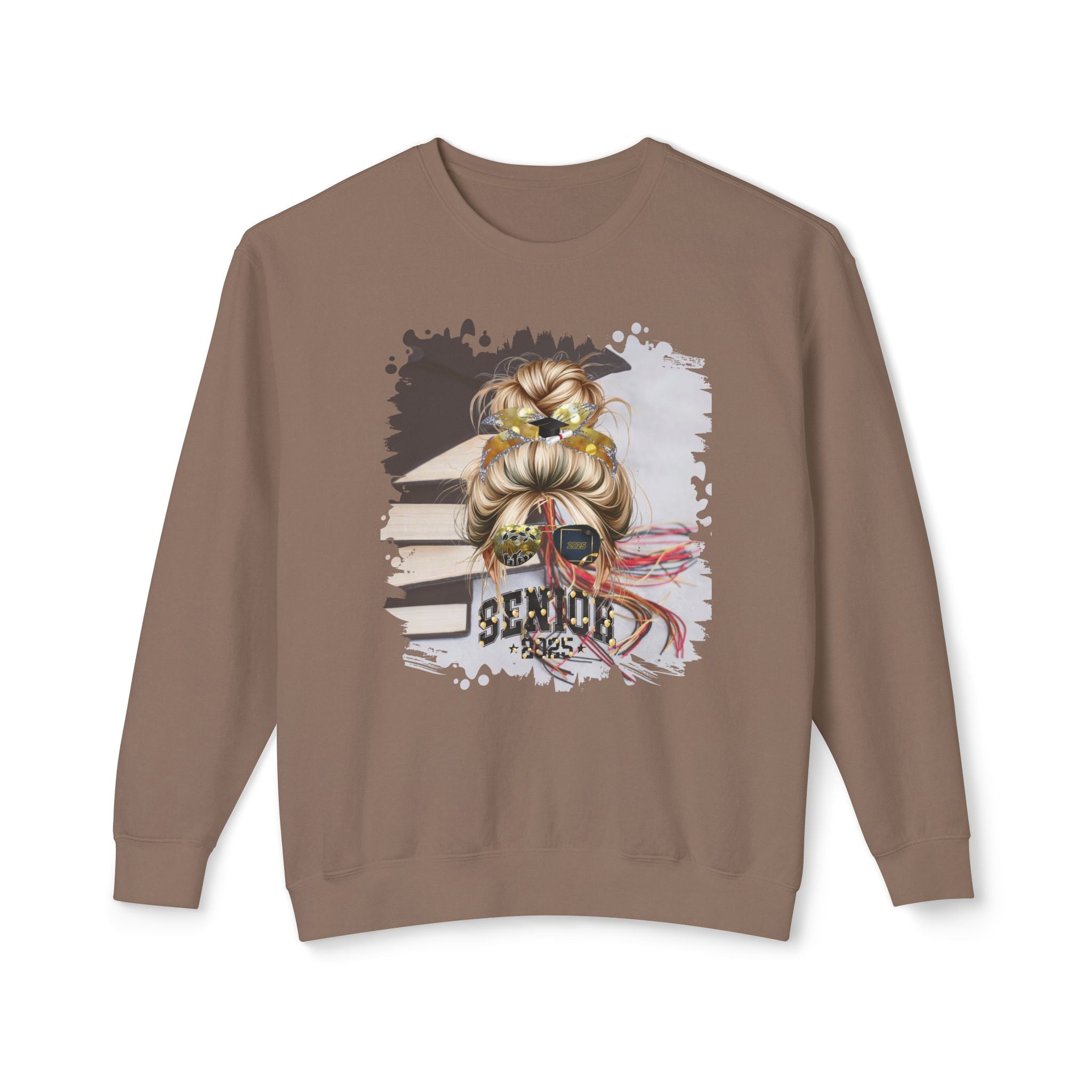 Senior 2025 Balloons, Cap & Books, Blond Hair Messy Bun, Unisex Lightweight Crewneck Sweatshirt