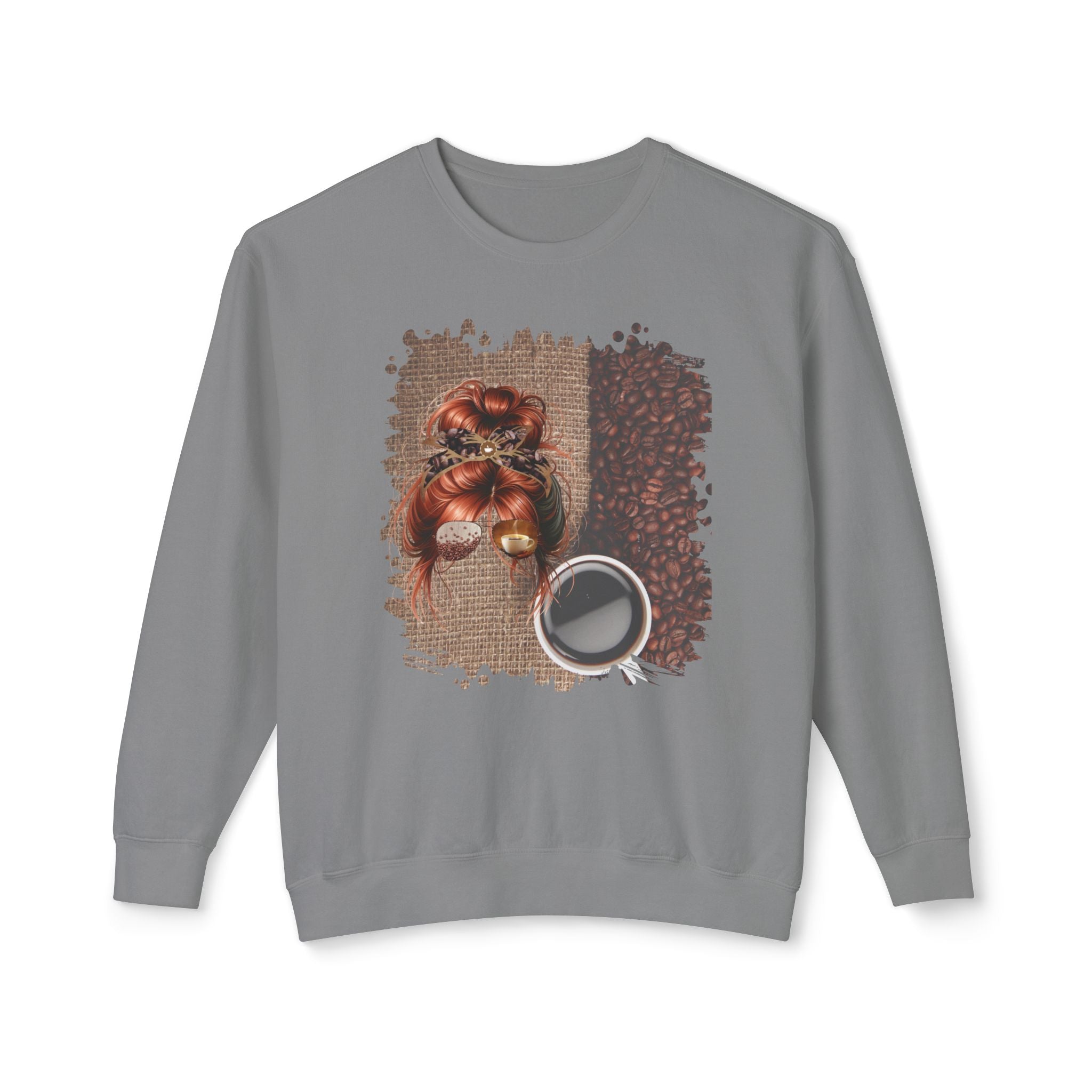 Coffee Beans Bag, Red Hair Messy Bun, Unisex Lightweight Crewneck Sweatshirt