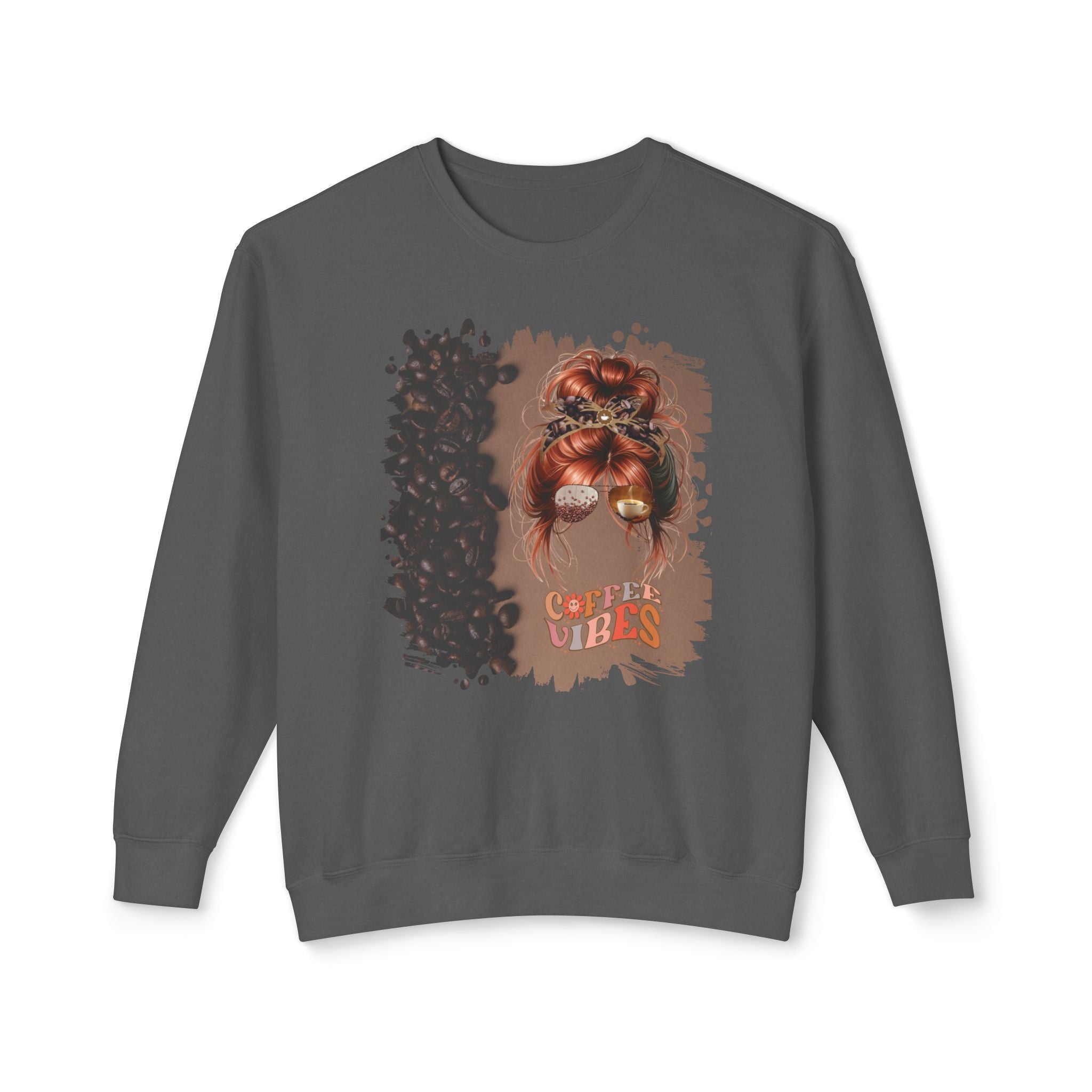 Coffee Vibes, Coffee Beans Shade, Red Hair Messy Bun, Unisex Lightweight Crewneck Sweatshirt