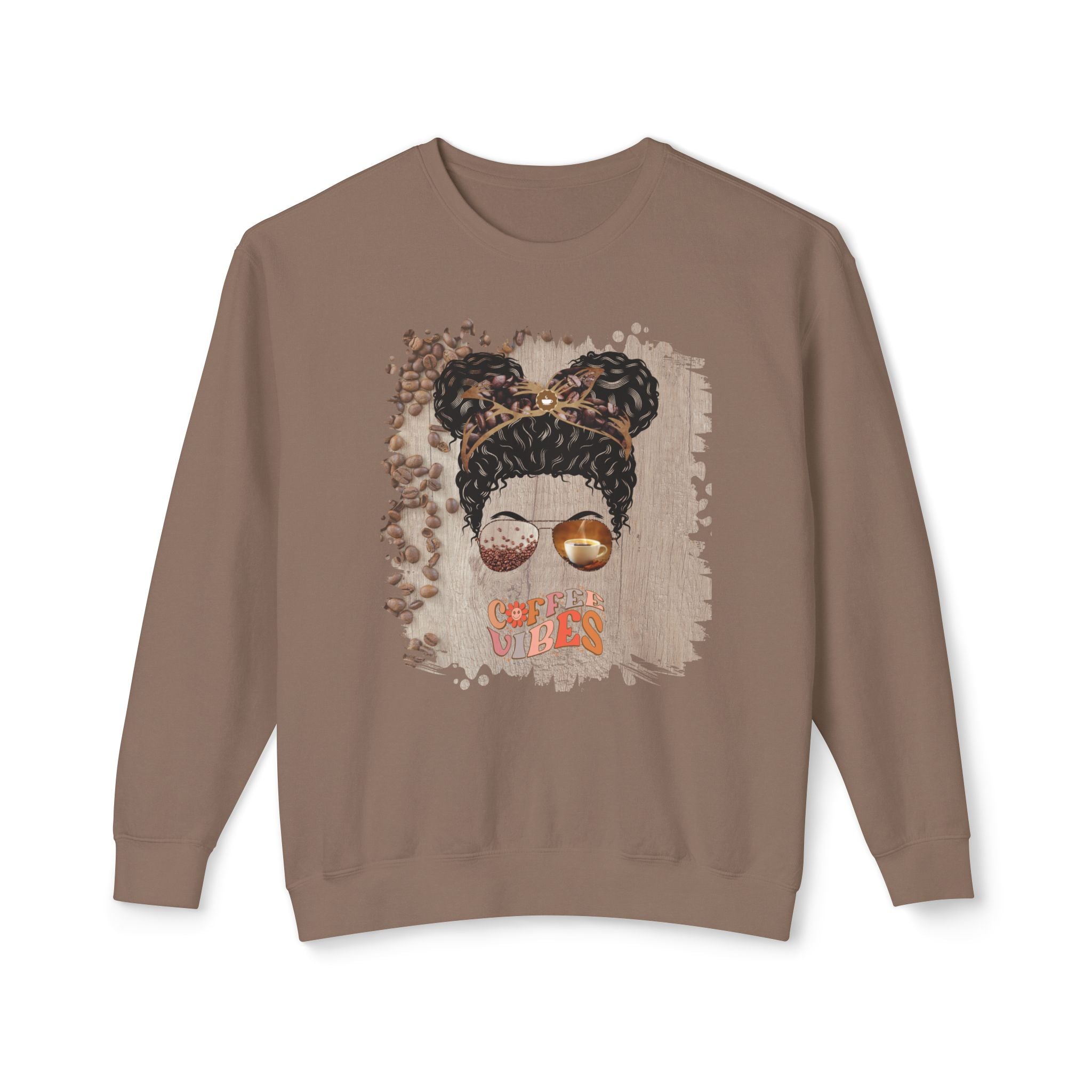 Coffee Vibes, Coffee Beans Table, Black Hair Messy Bun, Unisex Lightweight Crewneck Sweatshirt