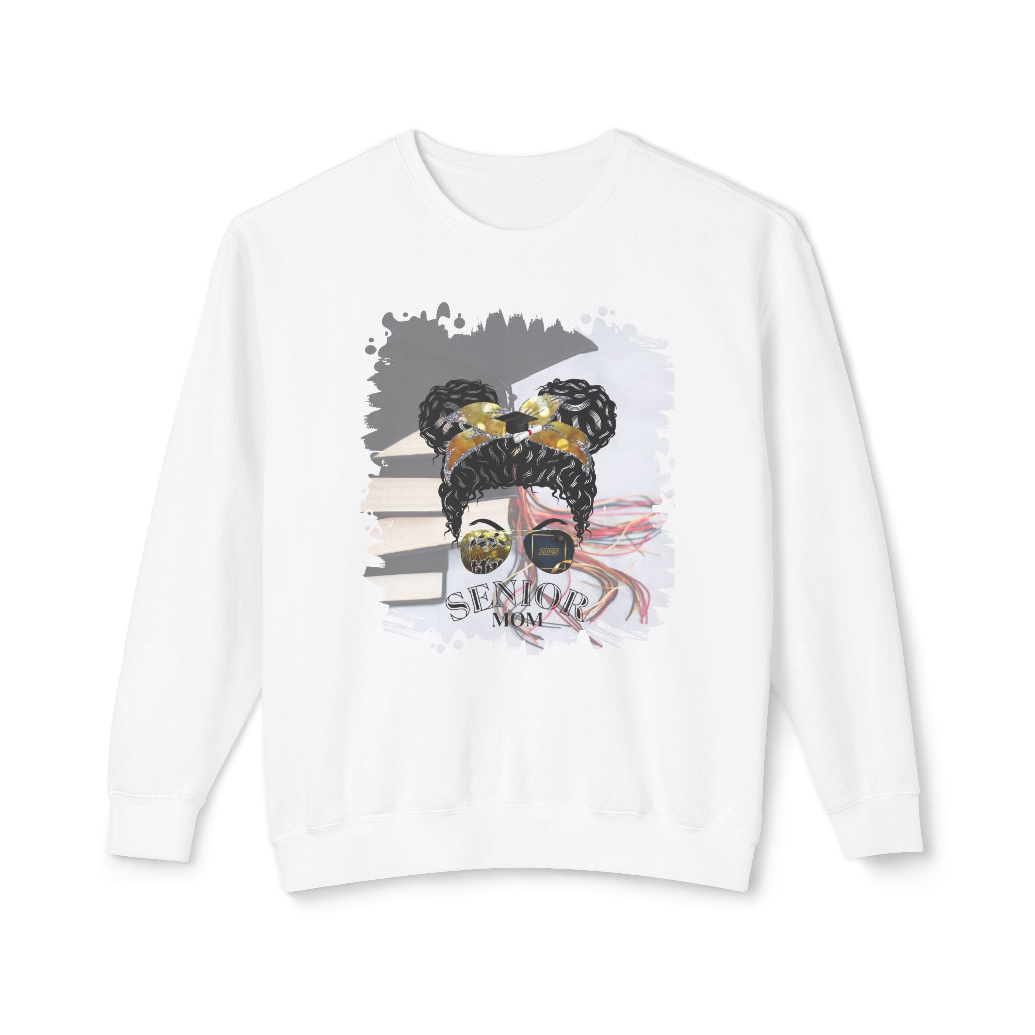 Senior Mom, Cap & Books, Black Hair Messy Bun, Unisex Lightweight Crewneck Sweatshirt