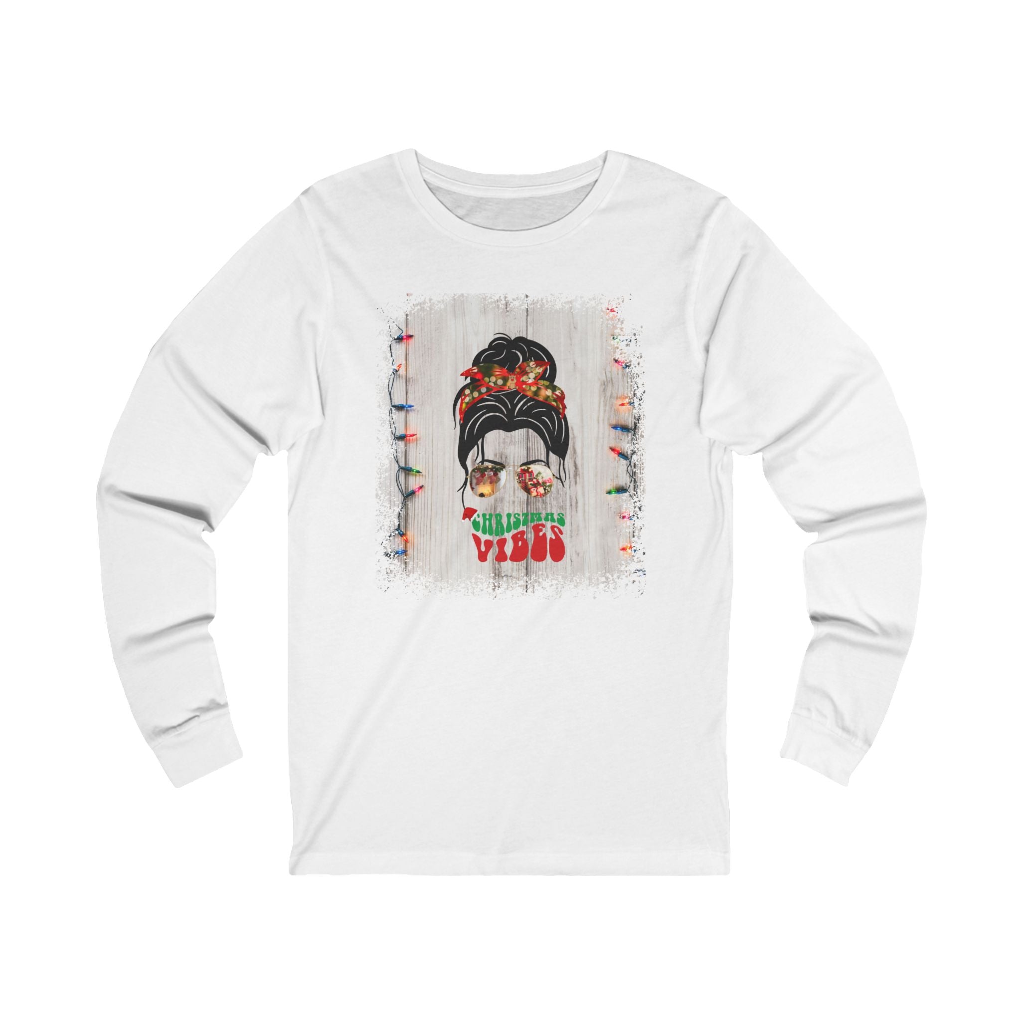 Christmas Vibes Christmas Lights String, Dark Hair Messy Bun, Unisex Jersey Long Sleeve Tee