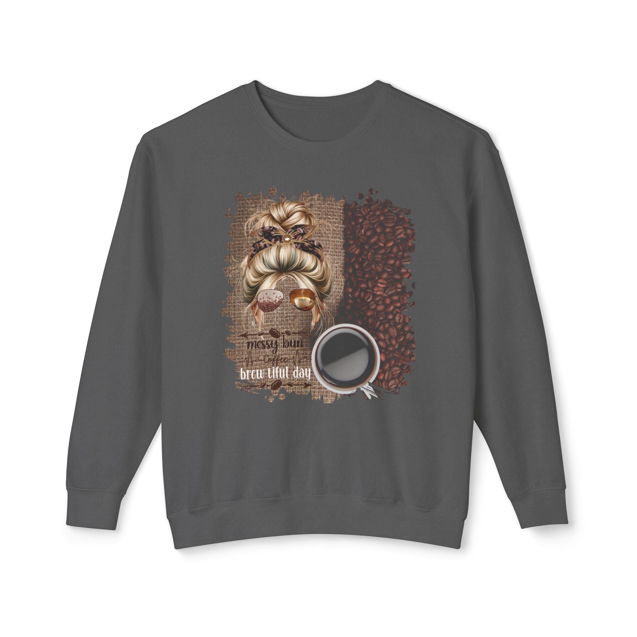 Coffee Heartbeat, Coffee Beans Bag, Blond Hair Messy Bun, Unisex Lightweight Crewneck Sweatshirt
