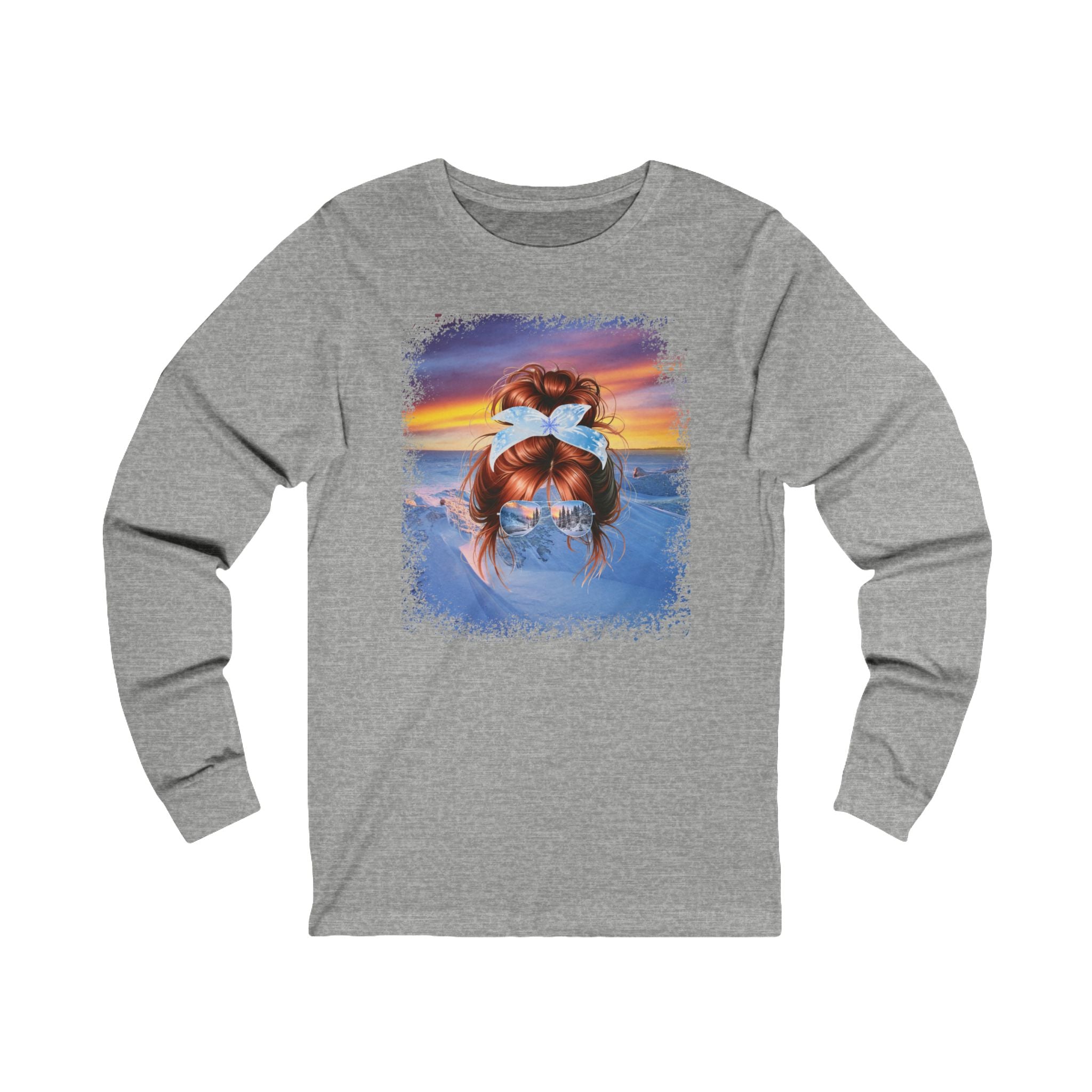 Winter Mountain, Red Hair Messy Bun, Unisex Jersey Long Sleeve Tee