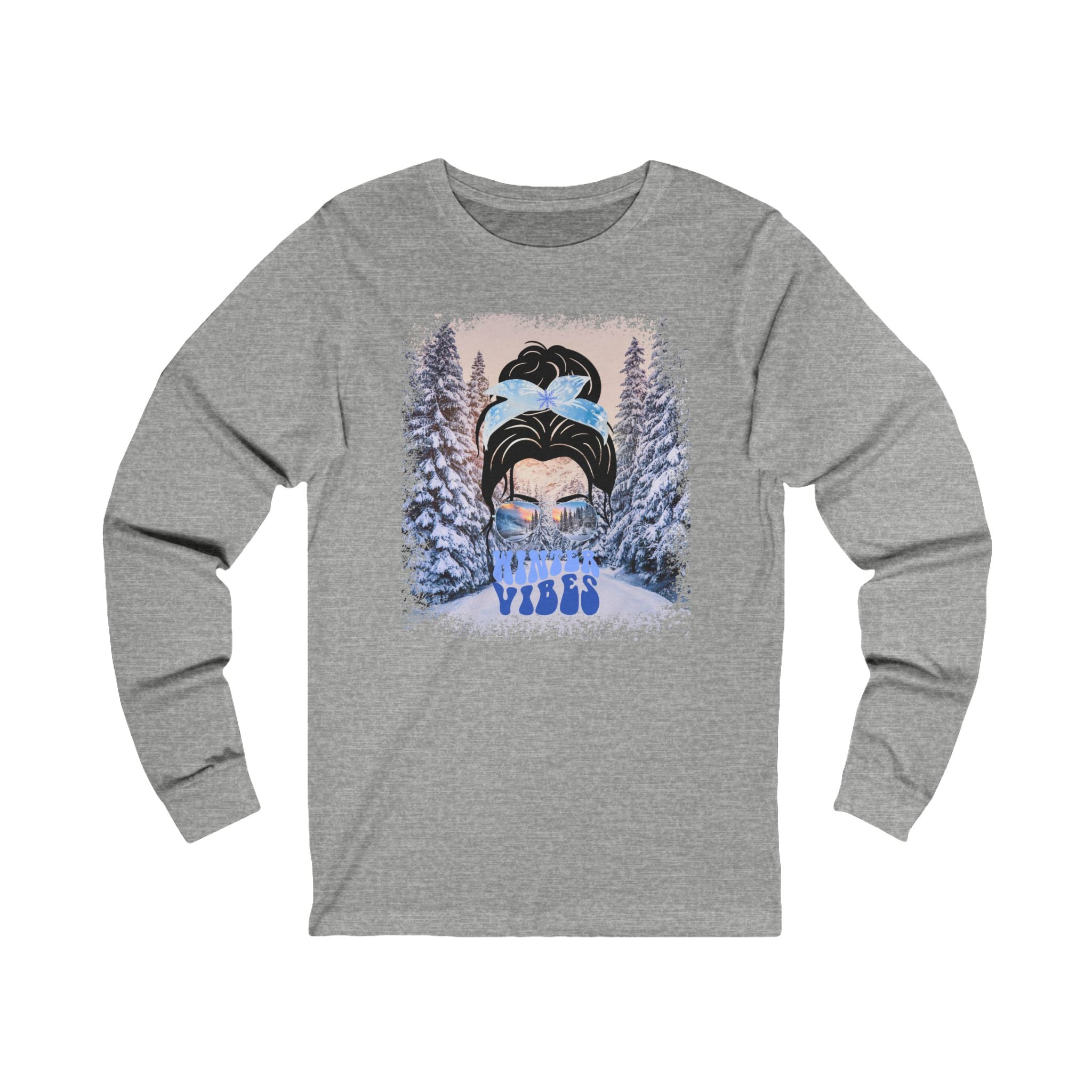 Winter Vibes Winter Trail, Dark Hair Messy Bun, Unisex Jersey Long Sleeve Tee