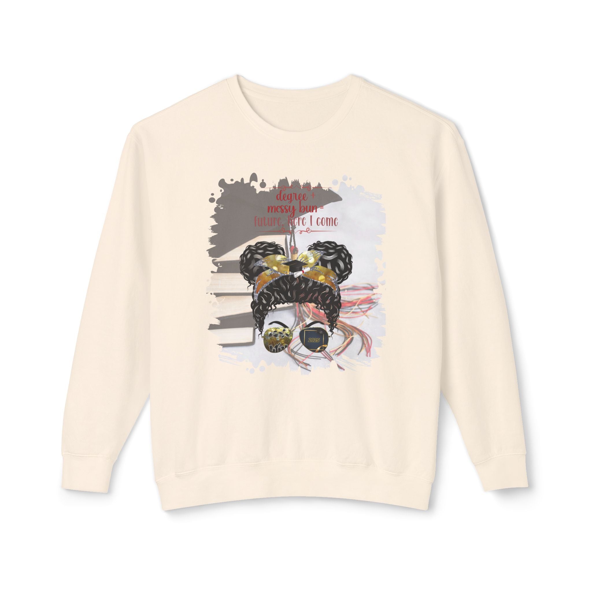 Degree + Messy Bun, Cap & Books, Black Hair Messy Bun, Unisex Lightweight Crewneck Sweatshirt
