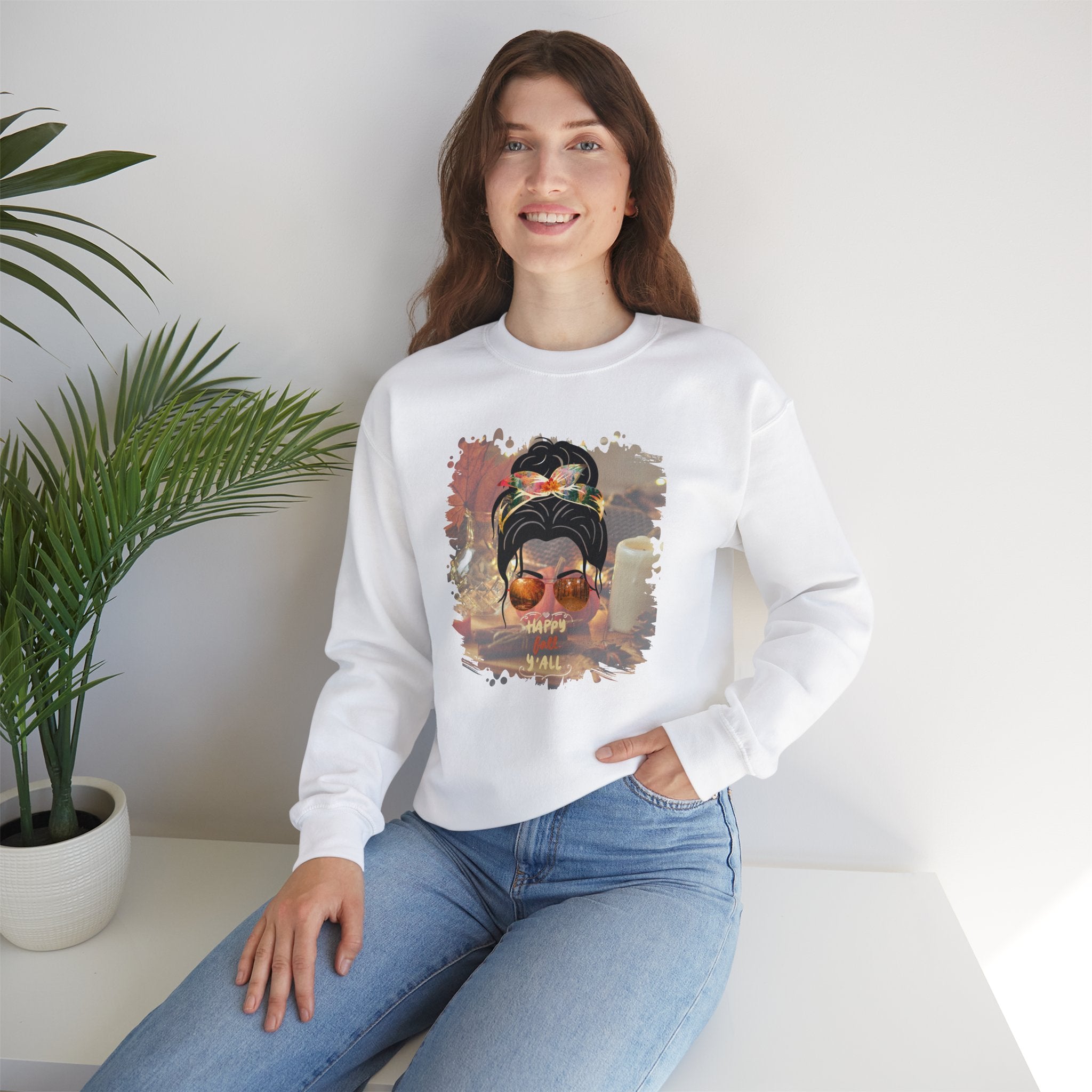 Happy Fall Y'all Fall Home, Dark Hair Messy Bun, Unisex Heavy Blend™ Crewneck Sweatshirt