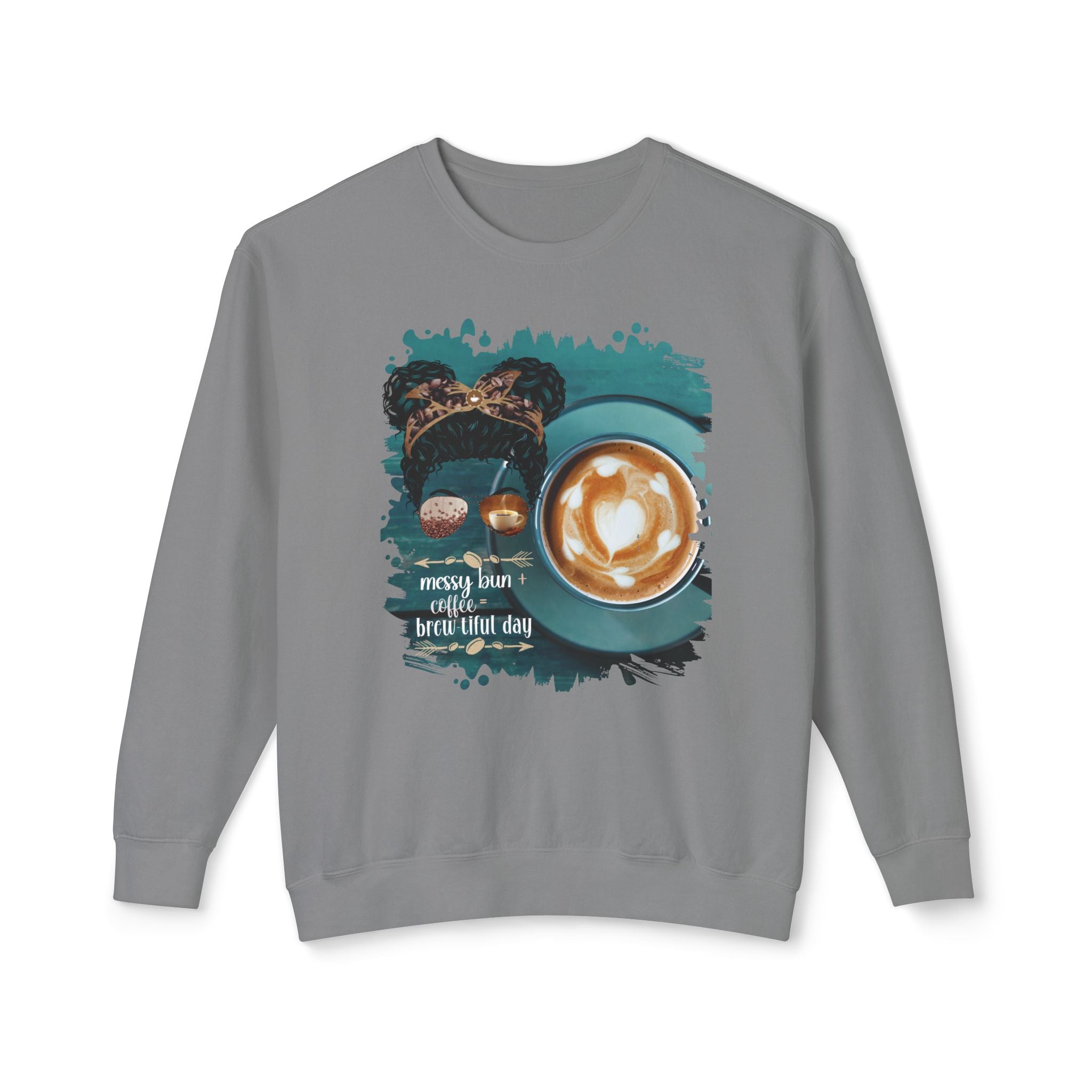 Messy Bun plus Coffee, Coffee Cup, Black Hair Messy Bun, Unisex Lightweight Crewneck Sweatshirt