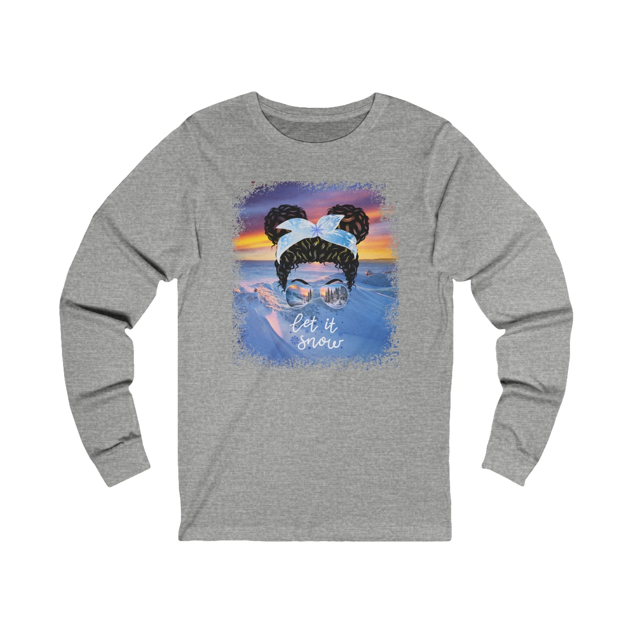 Let it Snow Winter Mountain, Black Hair Messy Bun, Unisex Jersey Long Sleeve Tee