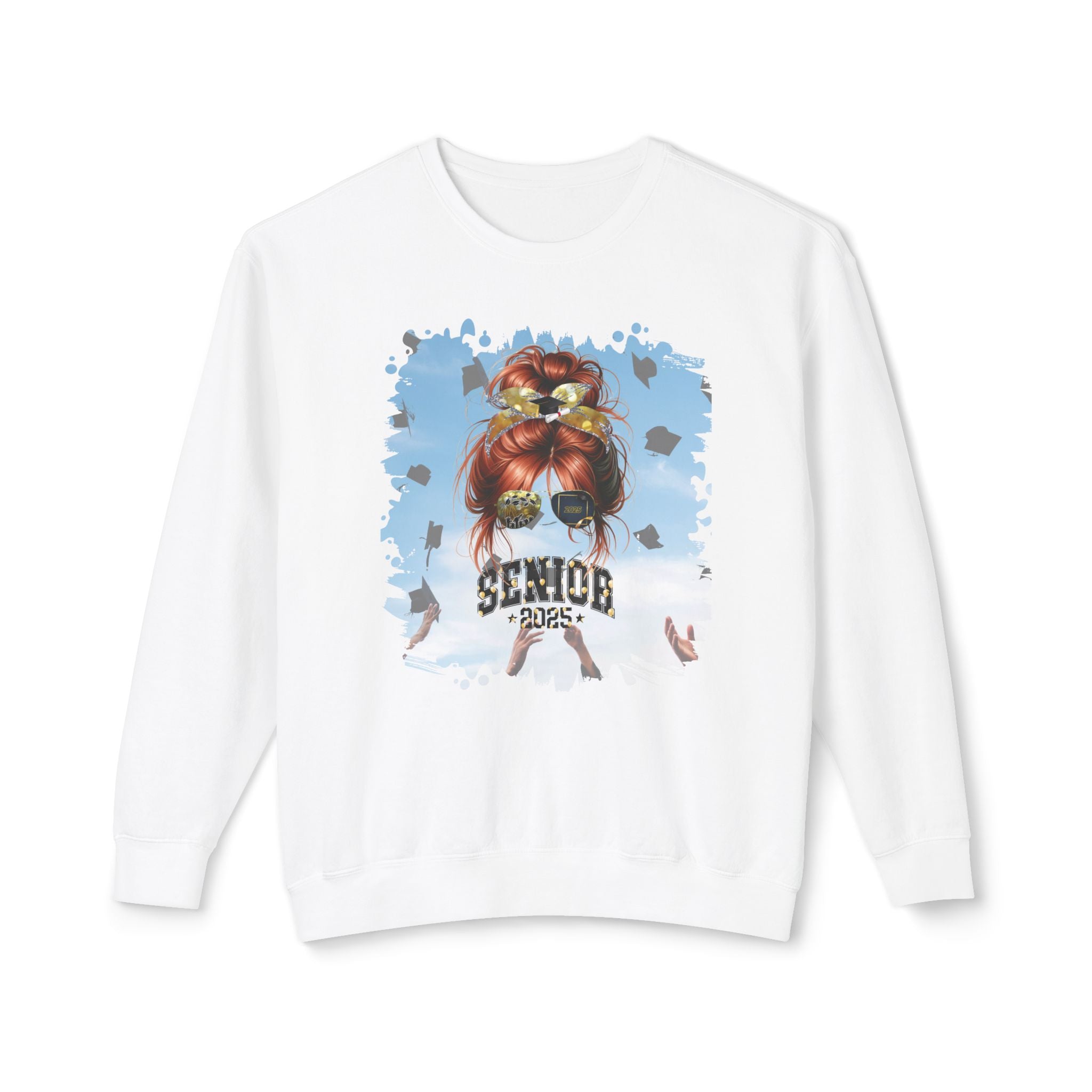 Senior 2025 Balloons, Celebration, Red Hair Messy Bun, Unisex Lightweight Crewneck Sweatshirt