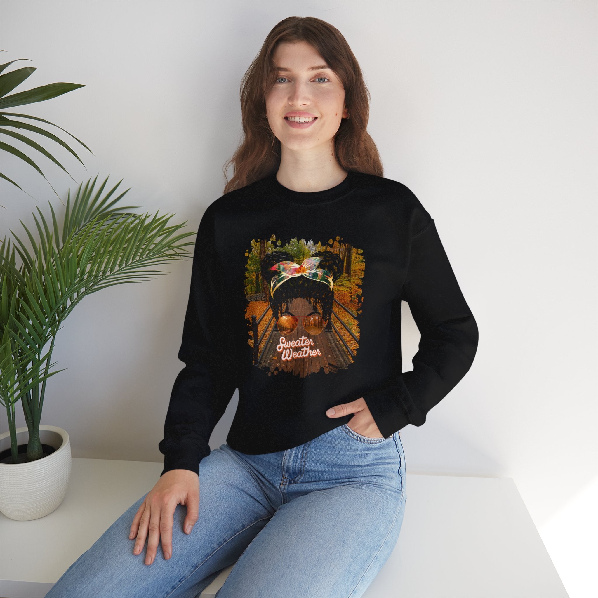 Sweater Weather Fall Hike, Black Hair Messy Bun, Unisex Heavy Blend™ Crewneck Sweatshirt