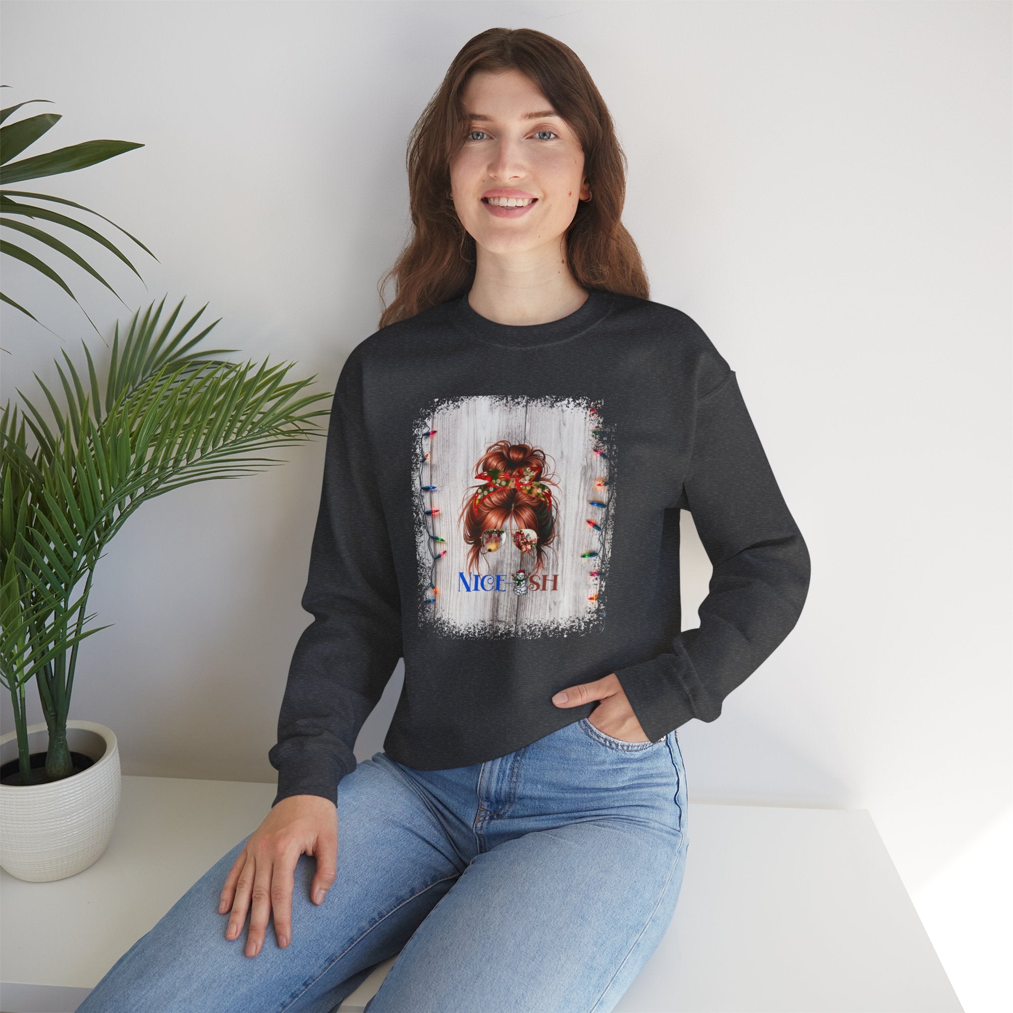 Nice-ish Christmas String Lights, Red Hair Messy Bun, Unisex Heavy Blend™ Crewneck Sweatshirt