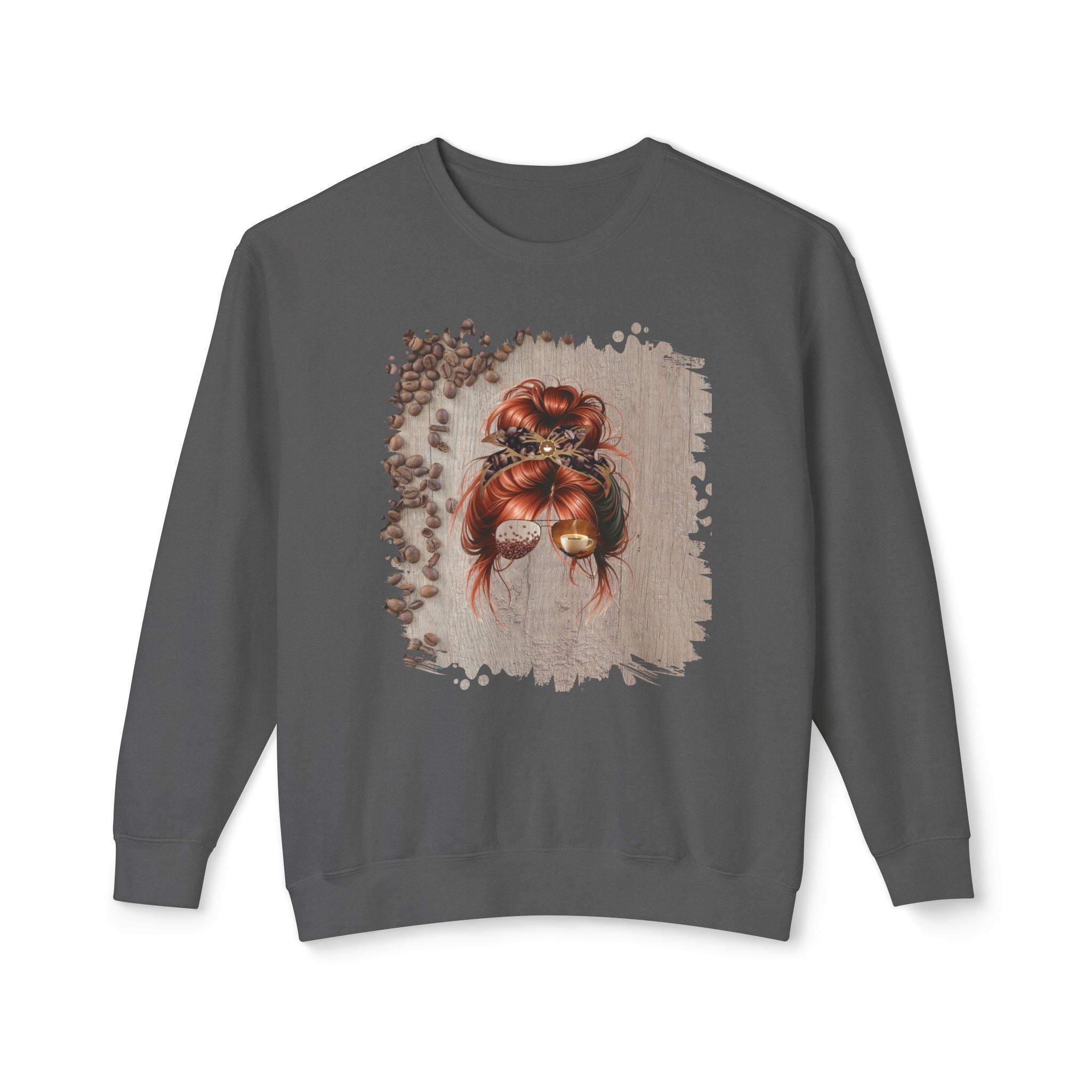 Coffee Beans Table, Red Hair Messy Bun, Unisex Lightweight Crewneck Sweatshirt