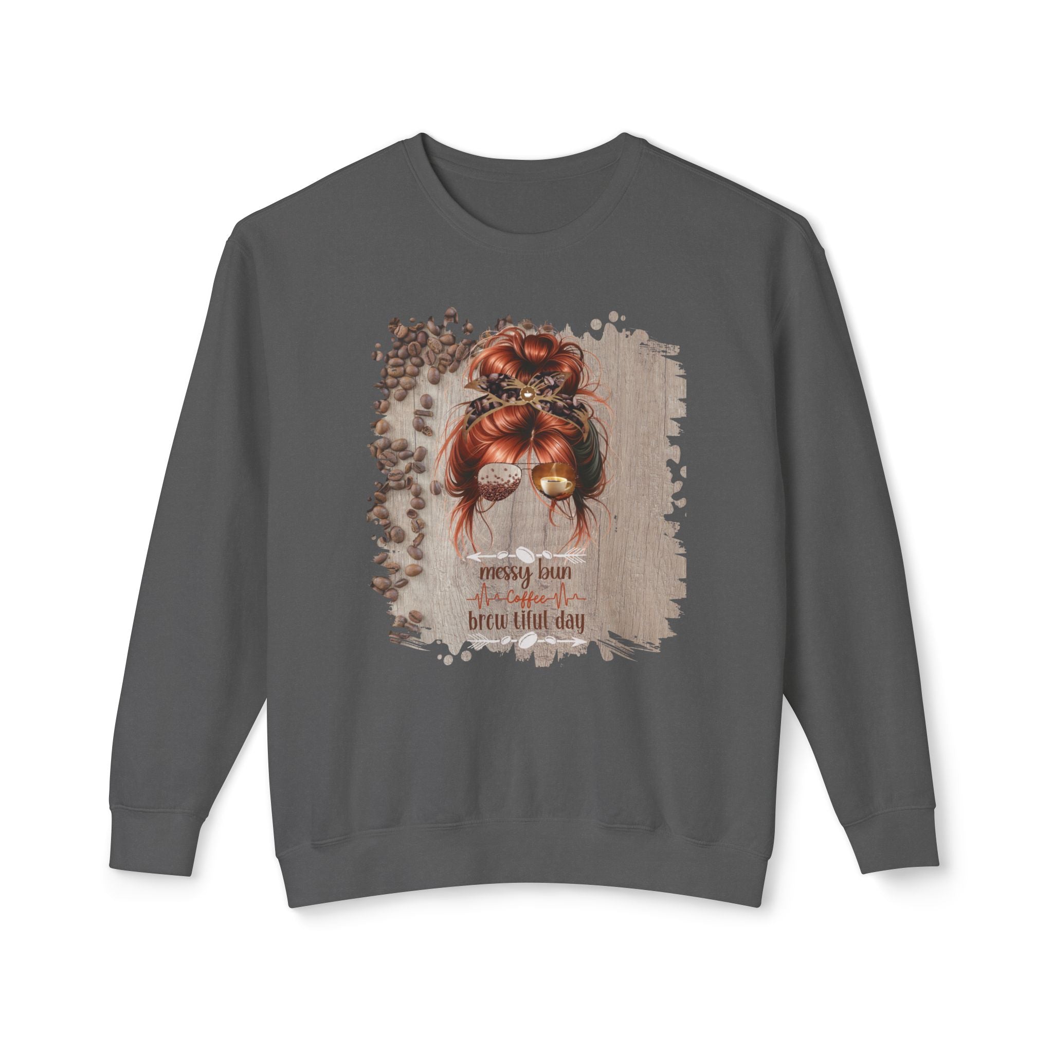 Coffee Heartbeat, Coffee Beans Table, Red Hair Messy Bun, Unisex Lightweight Crewneck Sweatshirt