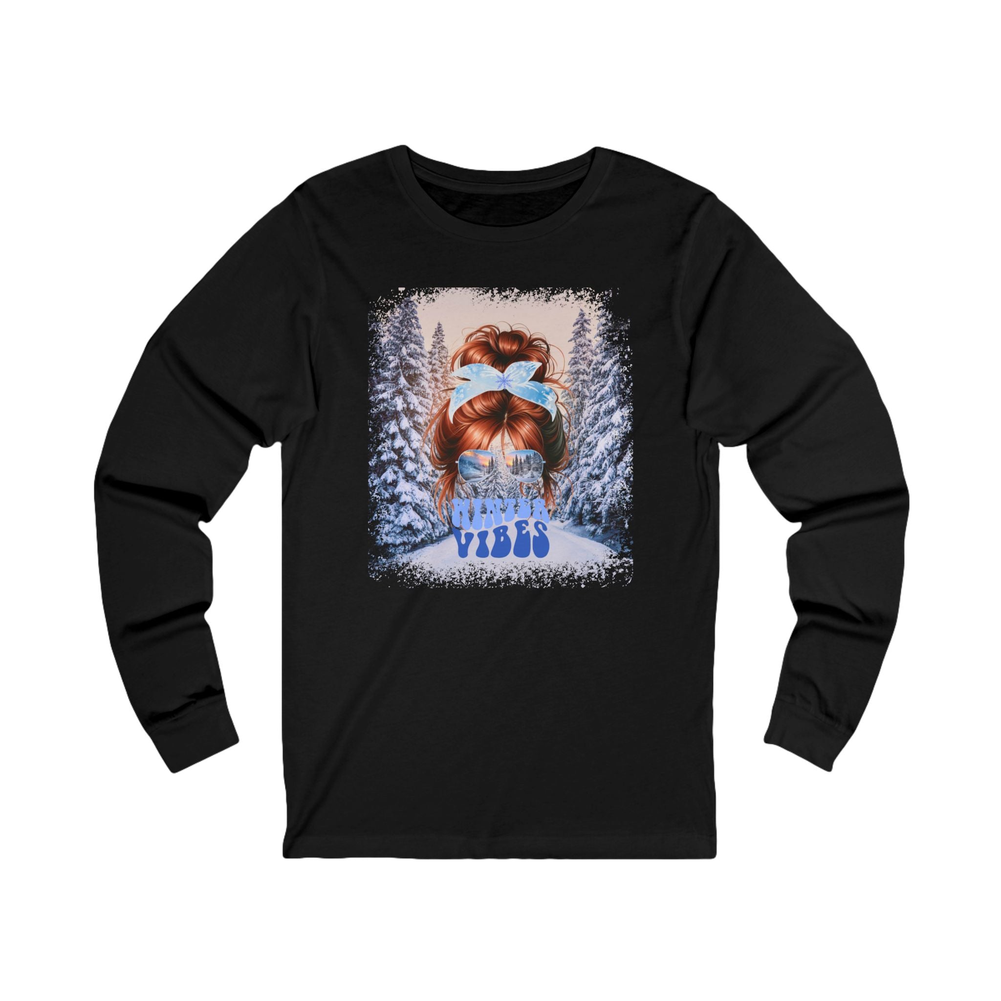 Winter Vibes Winter Trail, Red Hair Messy Bun, Unisex Jersey Long Sleeve Tee