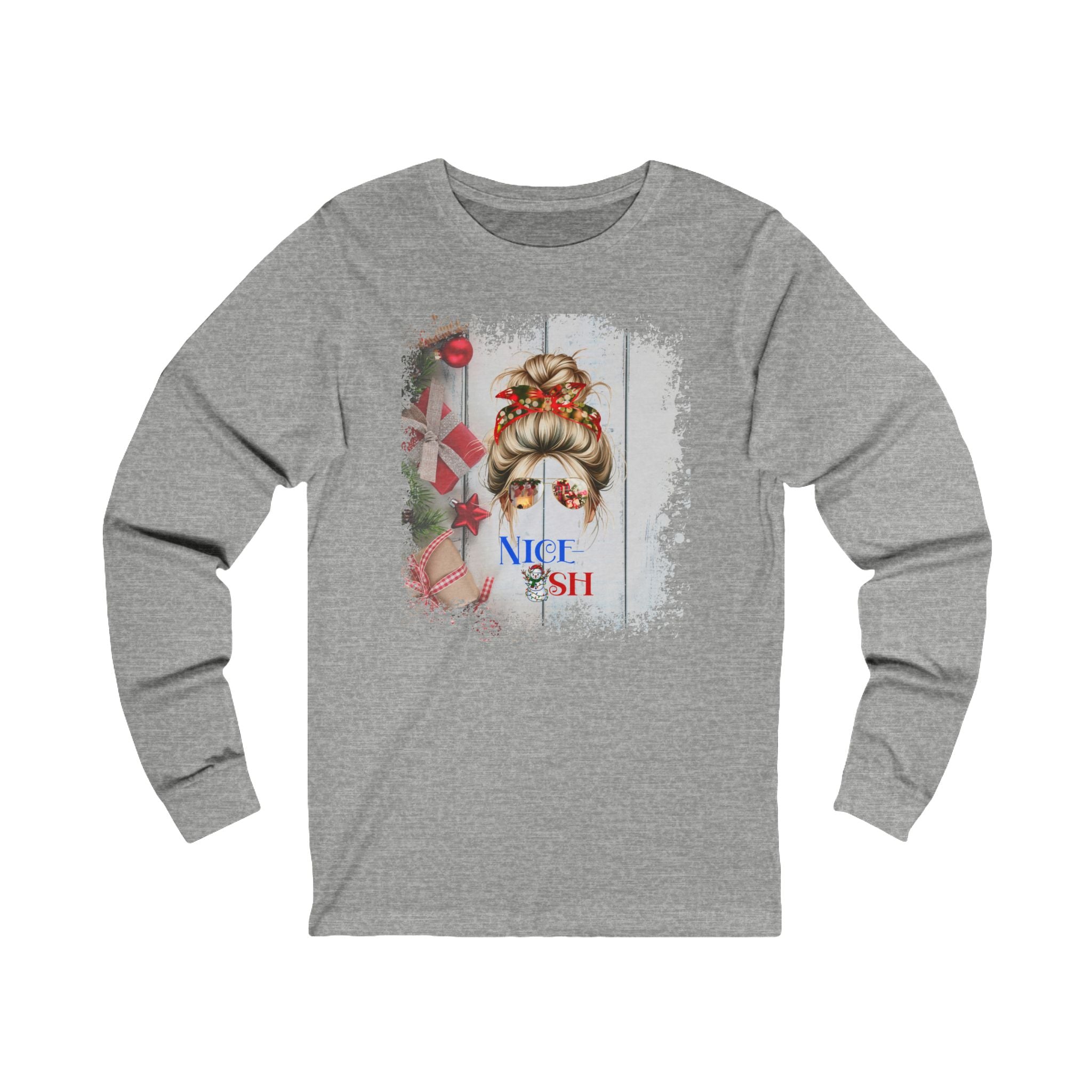 Nice-ish Christmas Presents, Blond Hair Messy Bun, Unisex Jersey Long Sleeve Tee