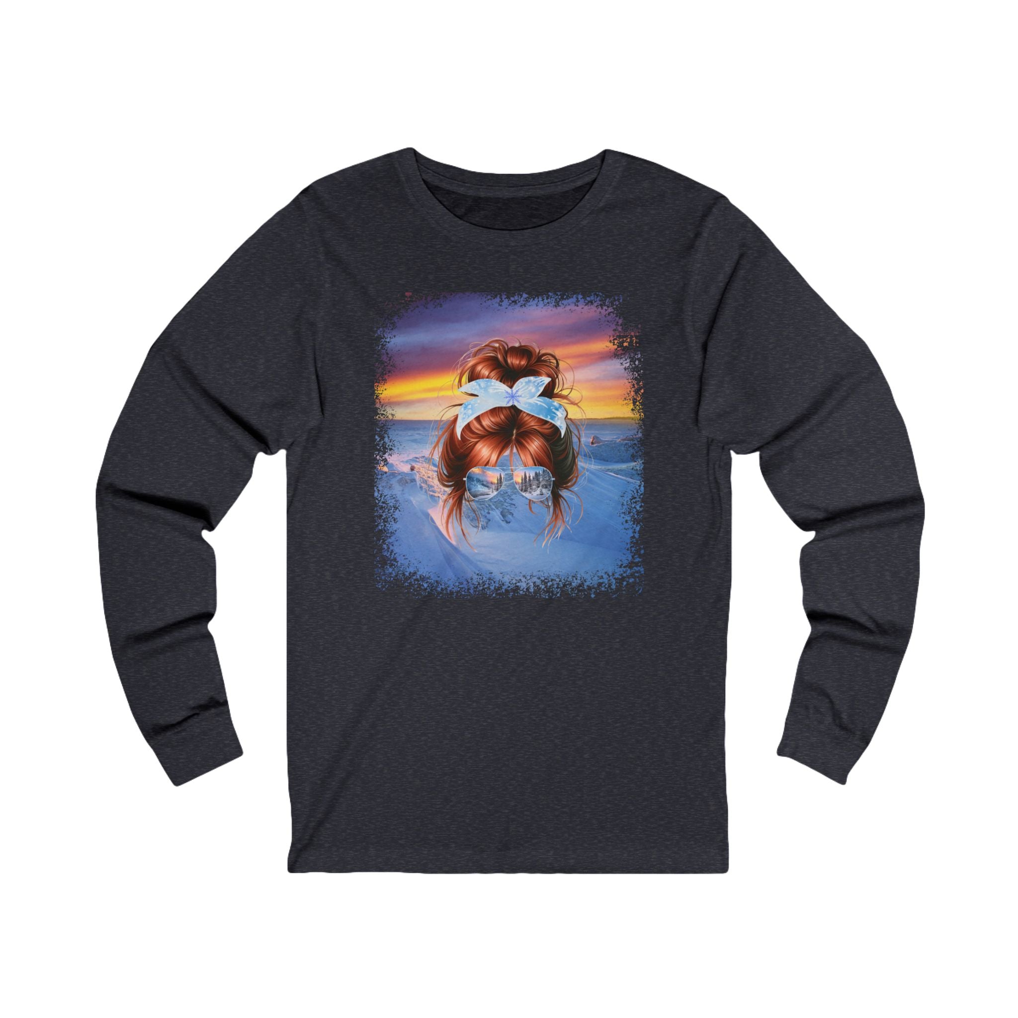 Winter Mountain, Red Hair Messy Bun, Unisex Jersey Long Sleeve Tee