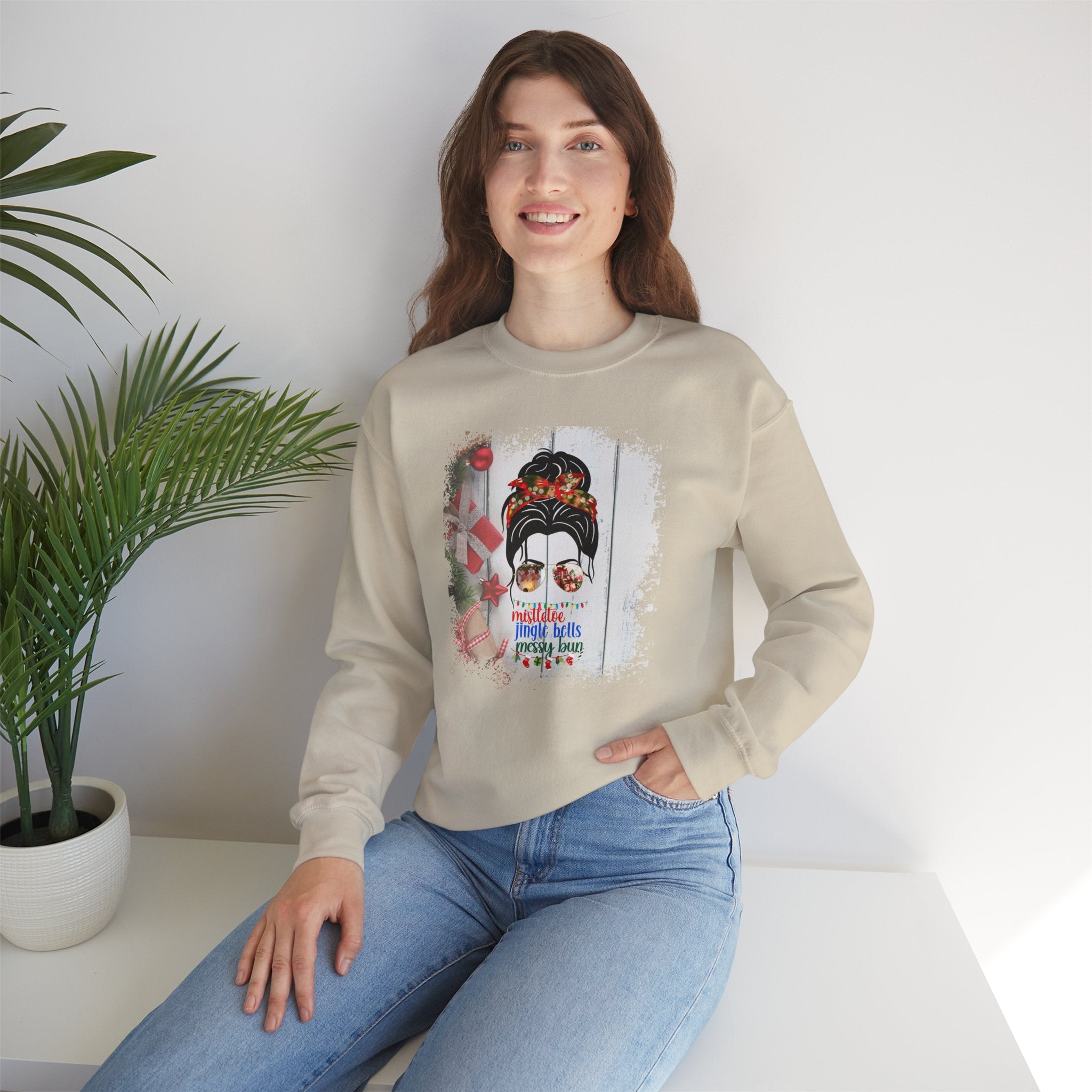 Messy Bun Christmas Presents, Dark Hair Messy Bun, Unisex Heavy Blend™ Crewneck Sweatshirt