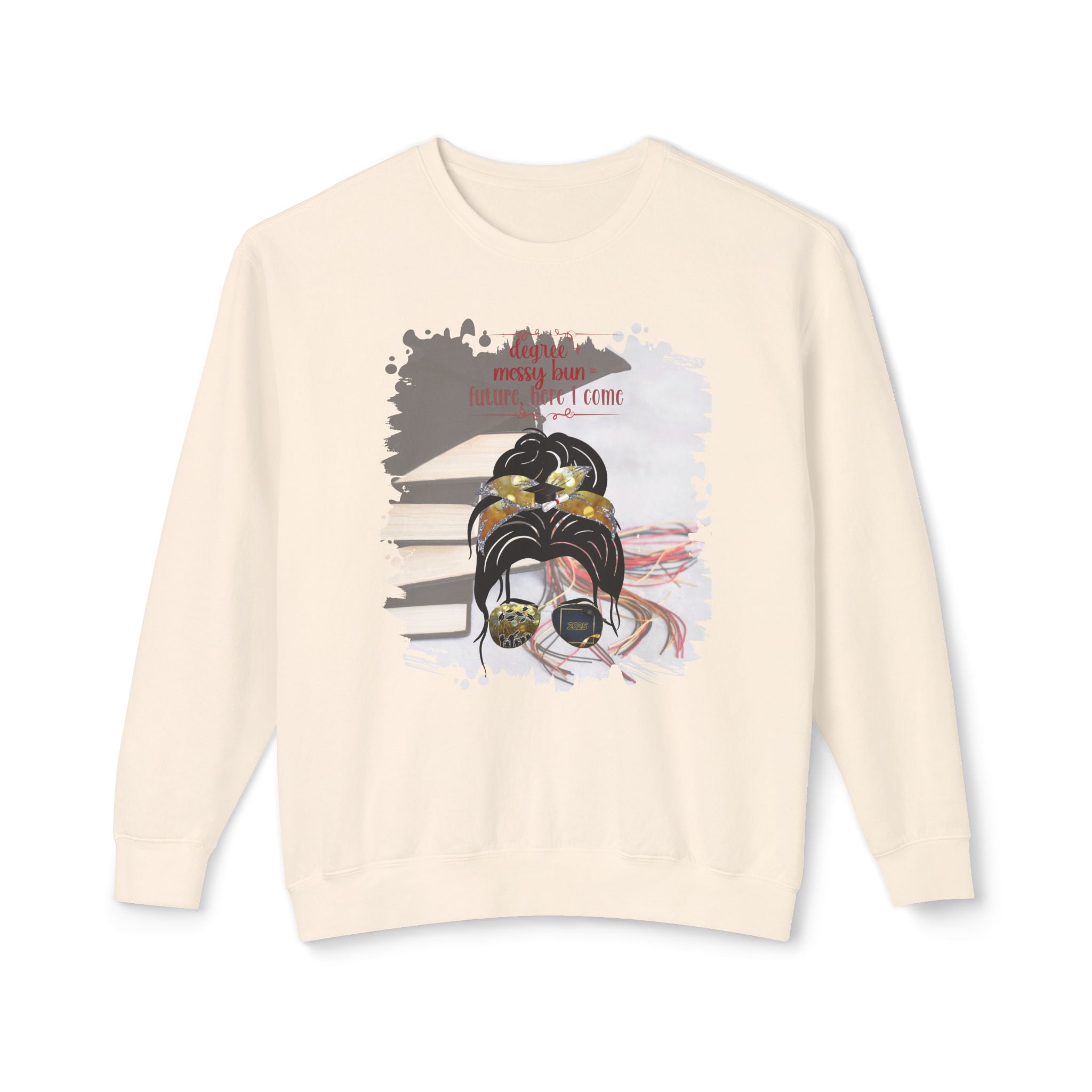 Degree + Messy Bun, Cap & Books, Dark Hair Messy Bun, Unisex Lightweight Crewneck Sweatshirt