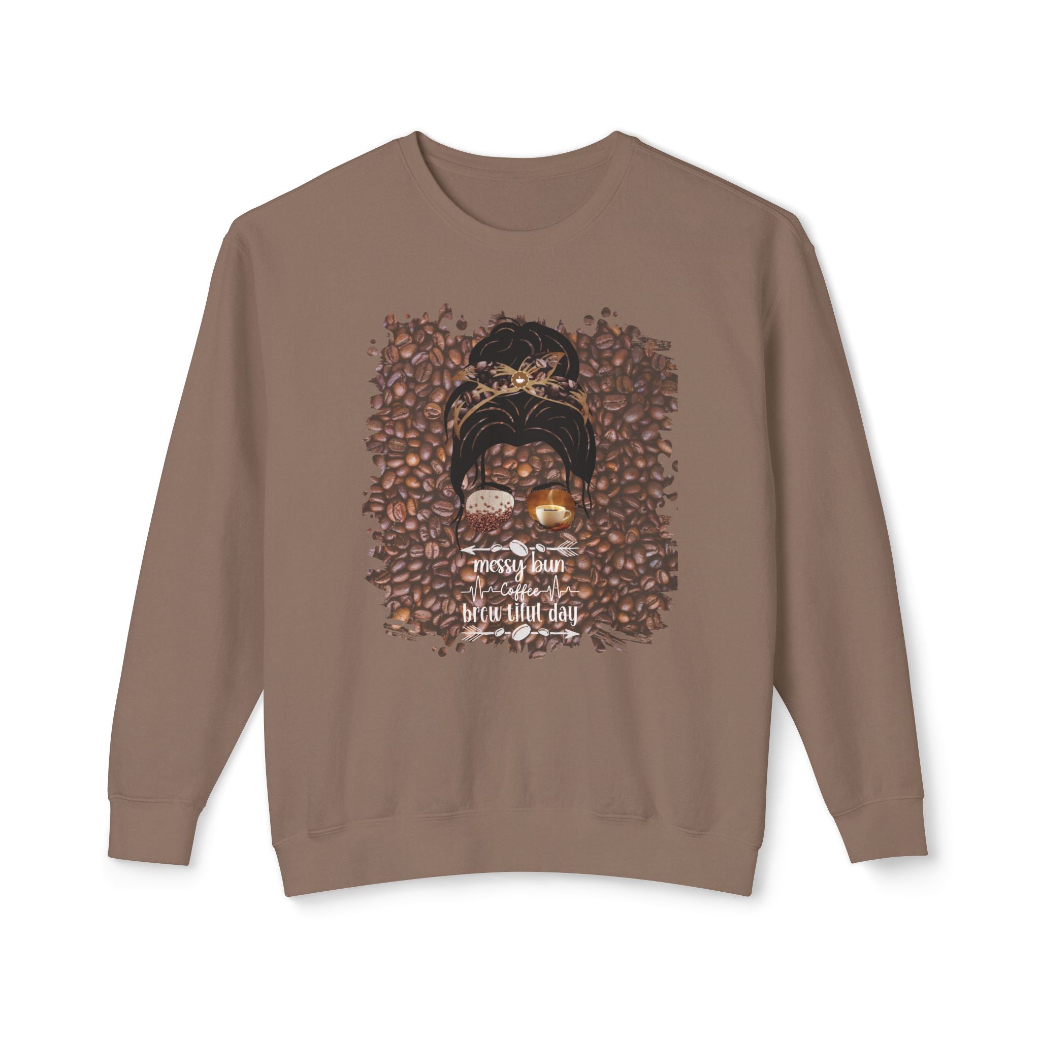 Coffee Heartbeat, Coffee Beans, Dark Hair Messy Bun, Unisex Lightweight Crewneck Sweatshirt
