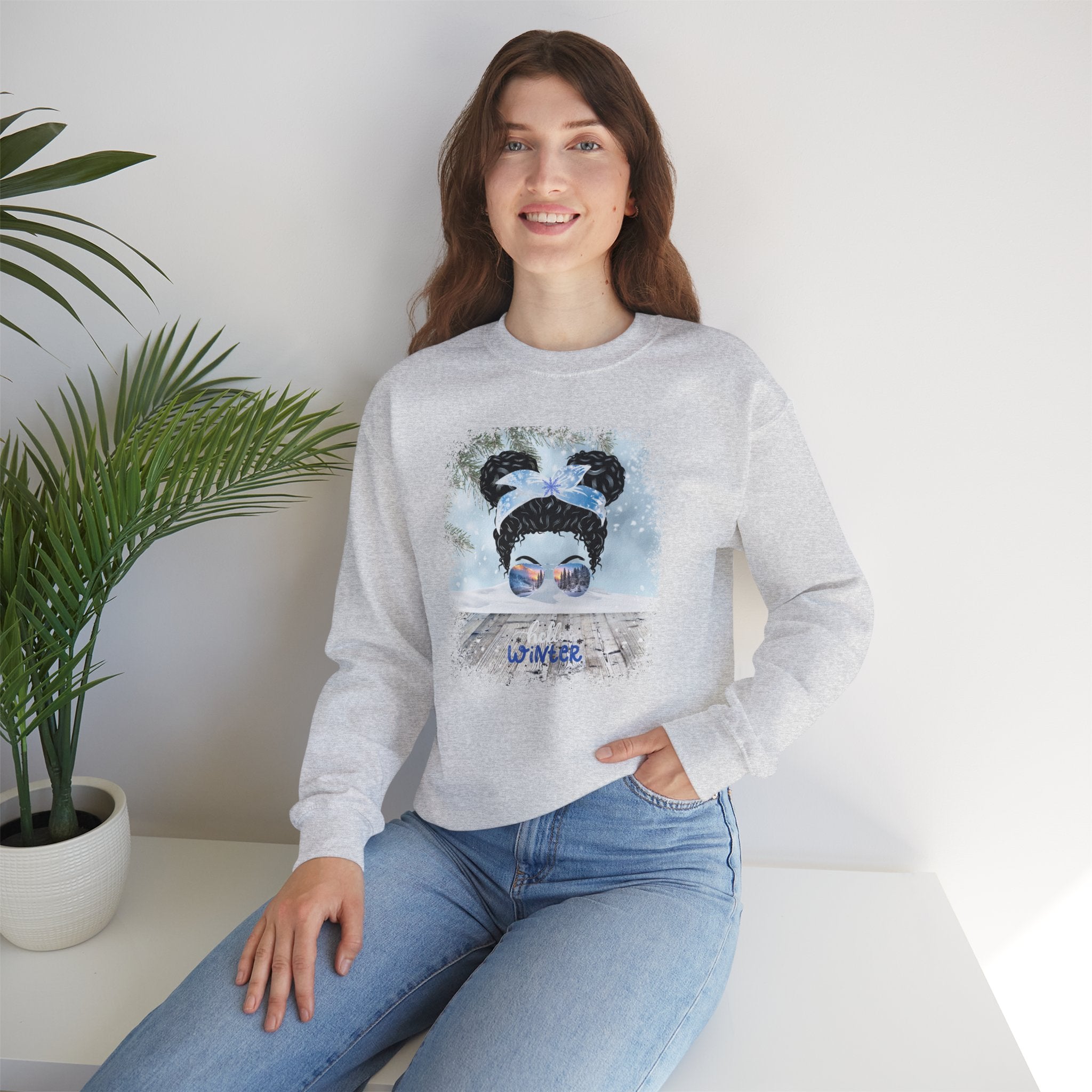 Hello Winter Snowy Porch, Black Hair Messy Bun, Unisex Heavy Blend™ Crewneck Sweatshirt