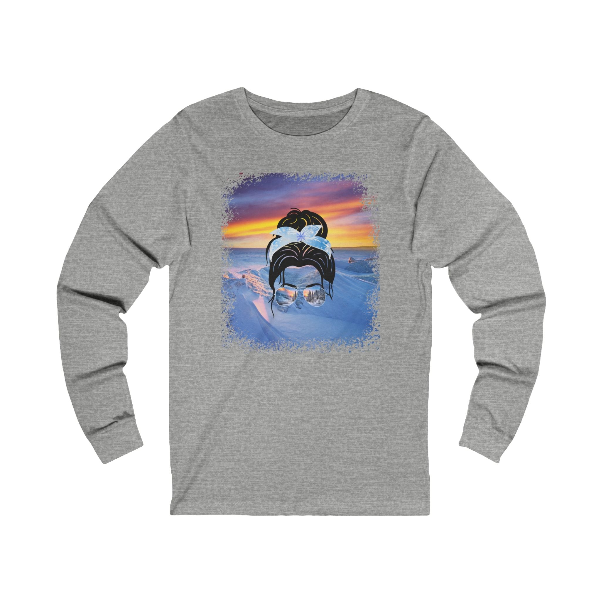 Winter Mountain, Dark Hair Messy Bun, Unisex Jersey Long Sleeve Tee