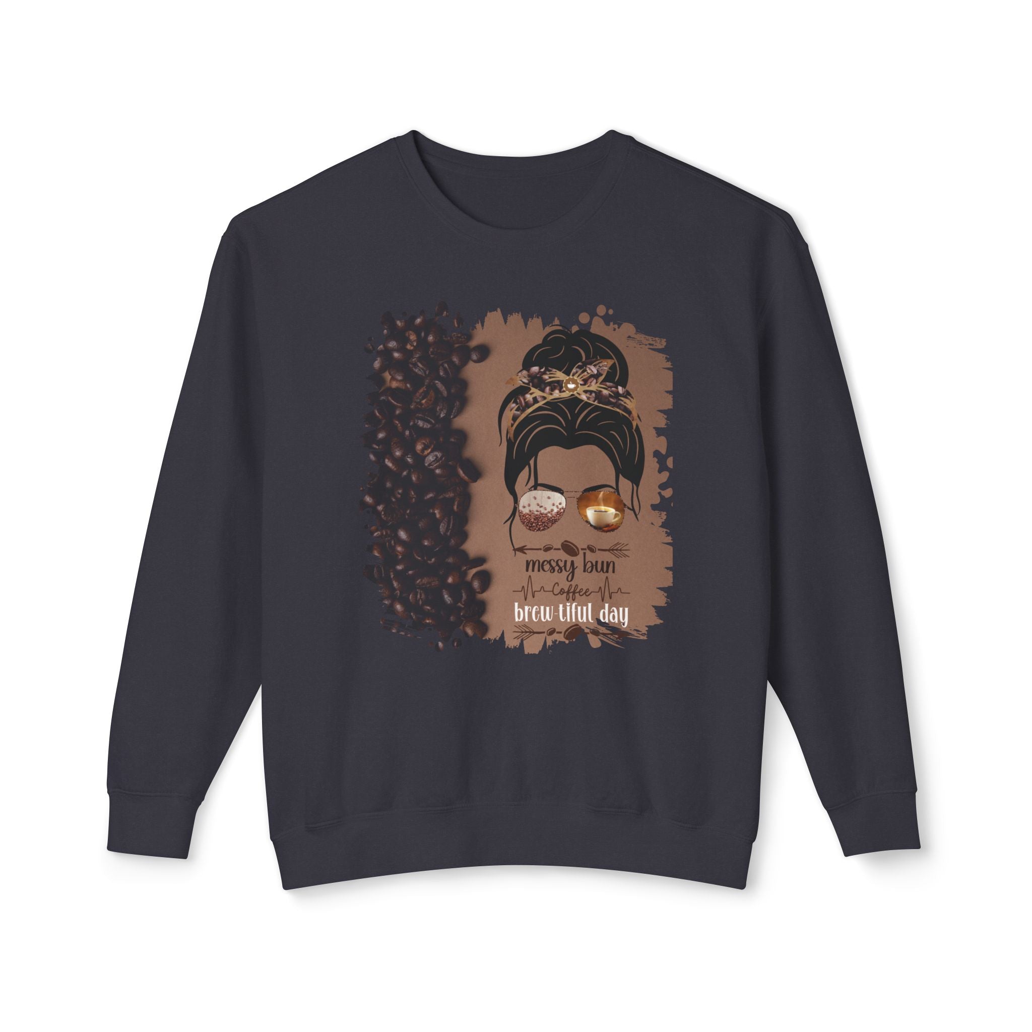 Messy Bun Coffee Heartbeat, Coffee Beans Shade, Dark Hair Messy Bun, Unisex Lightweight Crewneck Sweatshirt