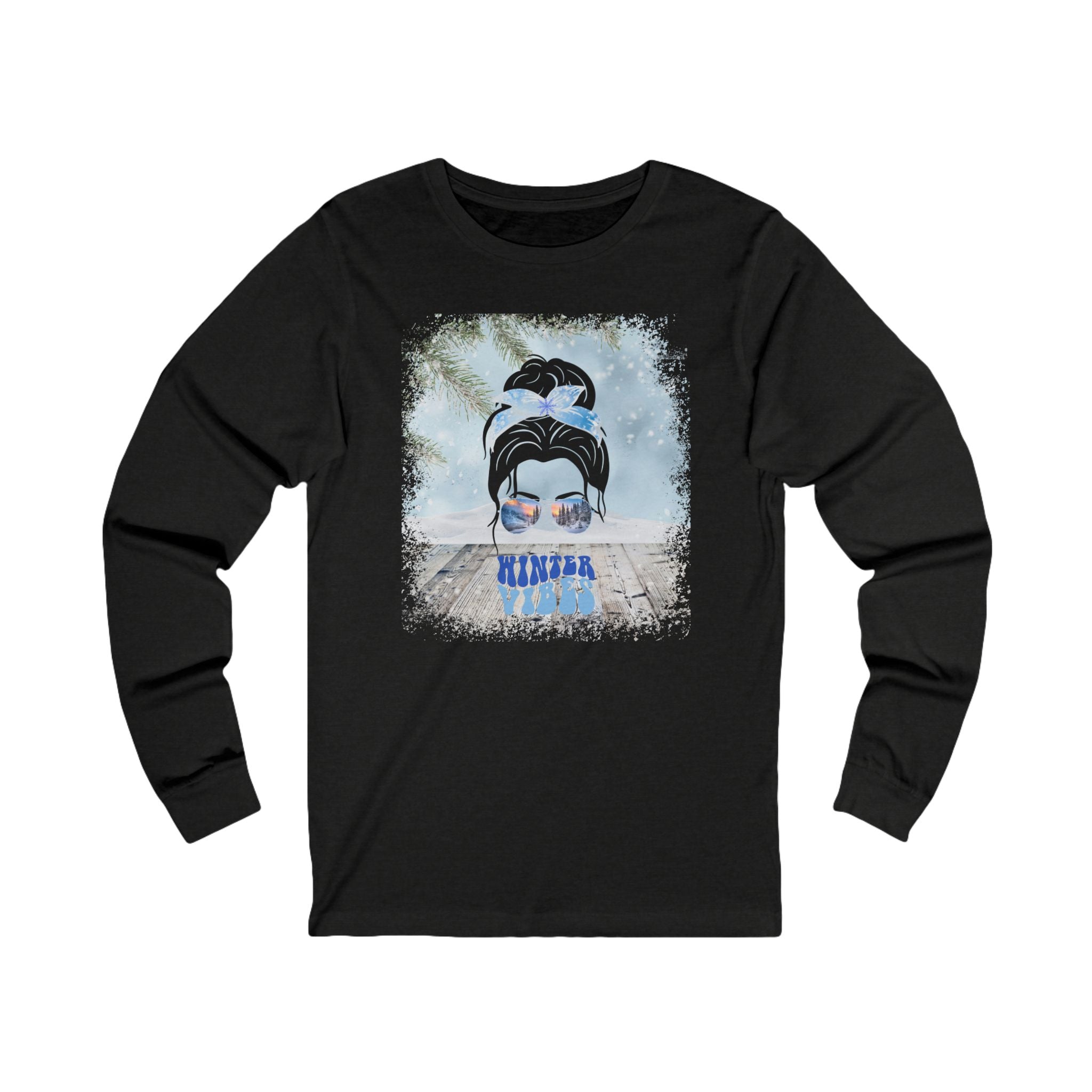 Winter Vibes Winter Snowy Porch, Dark Hair Messy Bun, Unisex Jersey Long Sleeve Tee