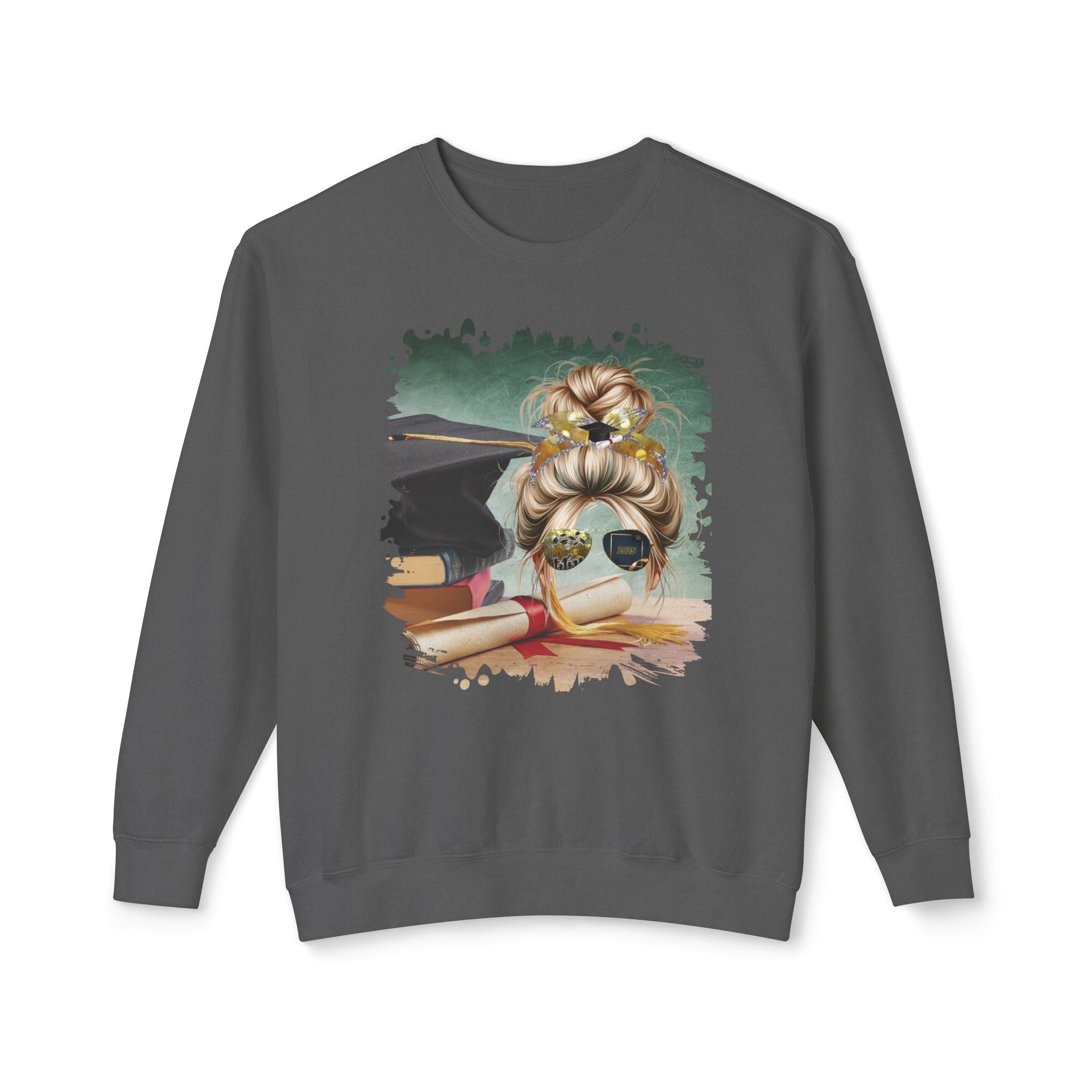 Cap & Degree/Diploma, Blond Hair Messy Bun, Unisex Lightweight Crewneck Sweatshirt