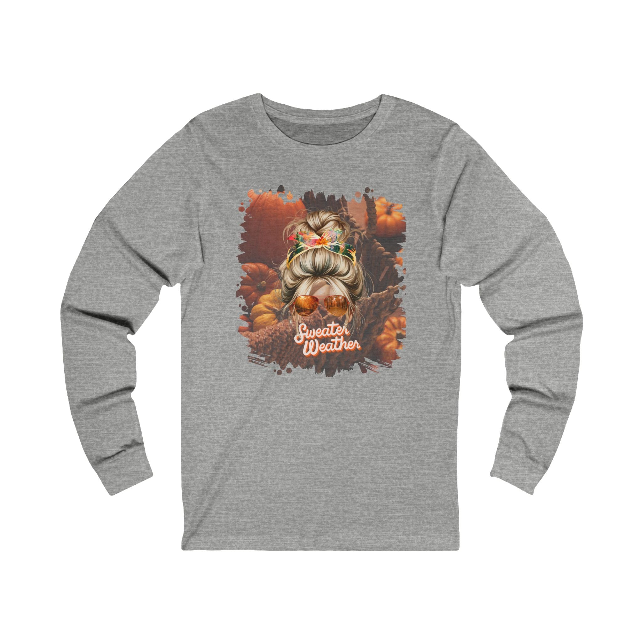 Sweater Weather Fall Pumpkins, Blond Hair Messy Bun, Unisex Jersey Long Sleeve Tee