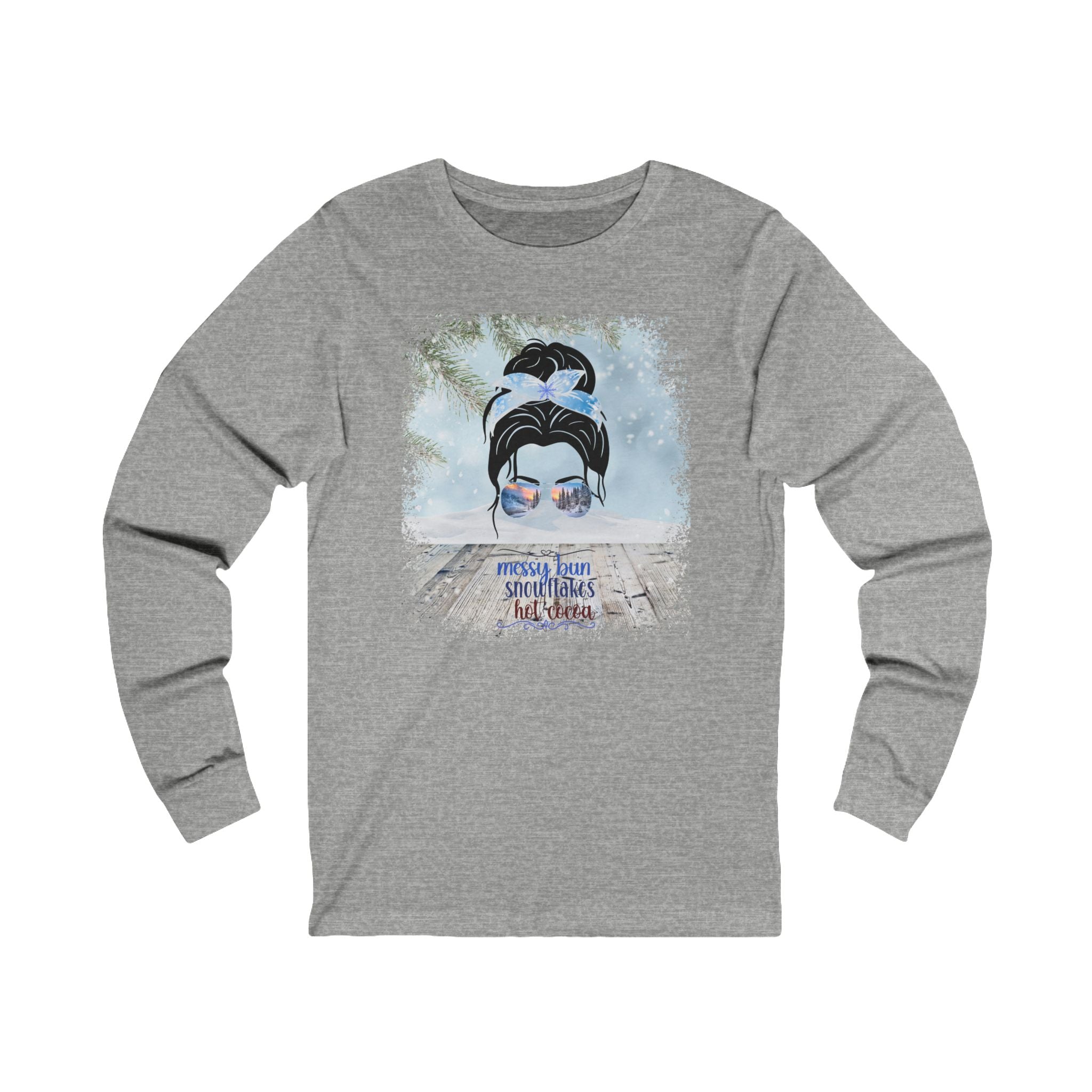 Messy Bun Winter Snowy Porch, Dark Hair Messy Bun, Unisex Jersey Long Sleeve Tee